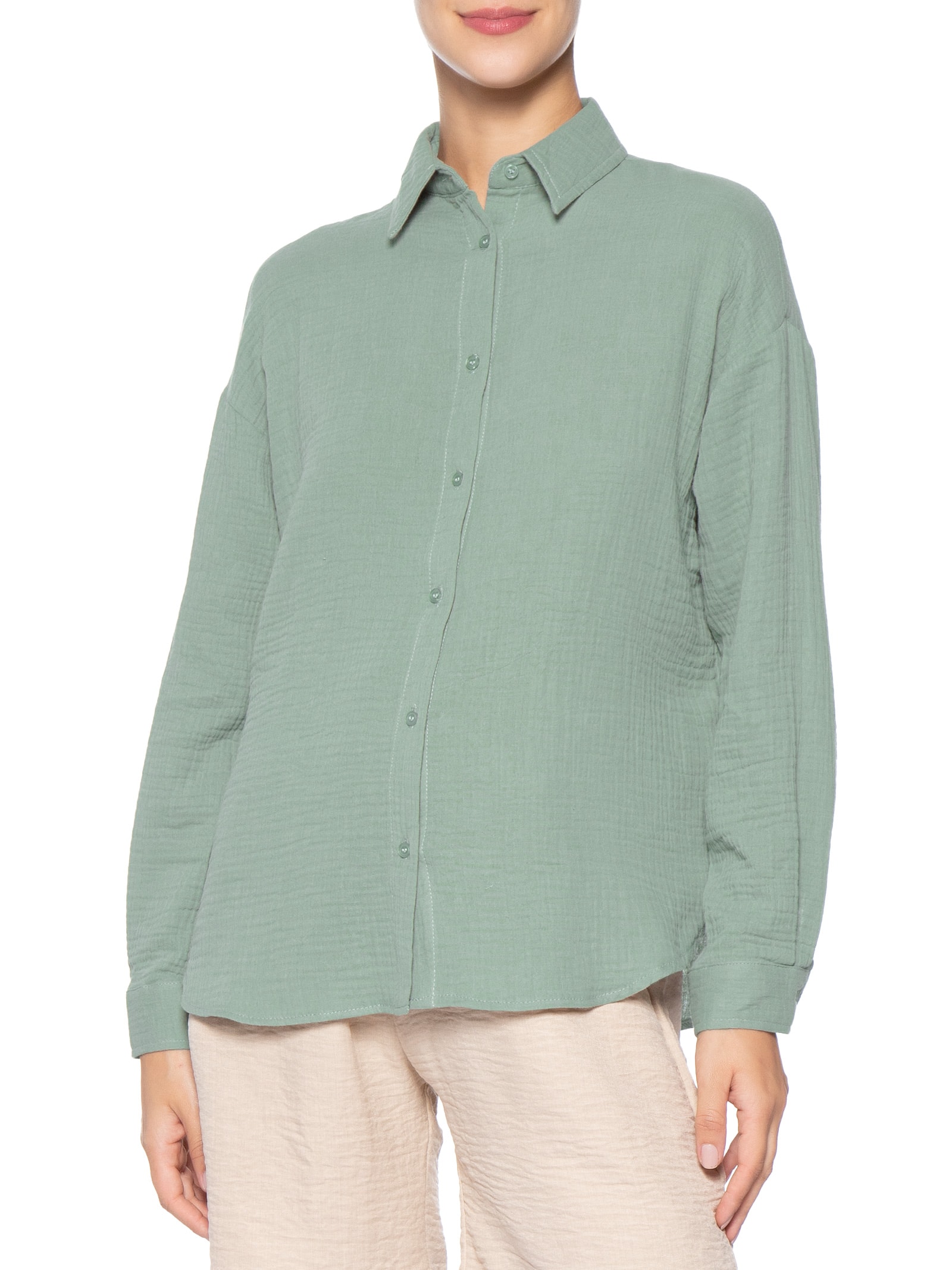 Camisa Feminina Manga Longa Texturizada Verde Basiq