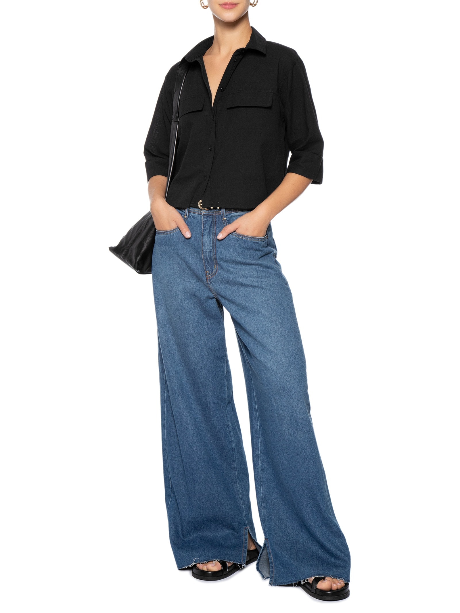 Camisa Feminina Manga Três Quartos Preto Basiq