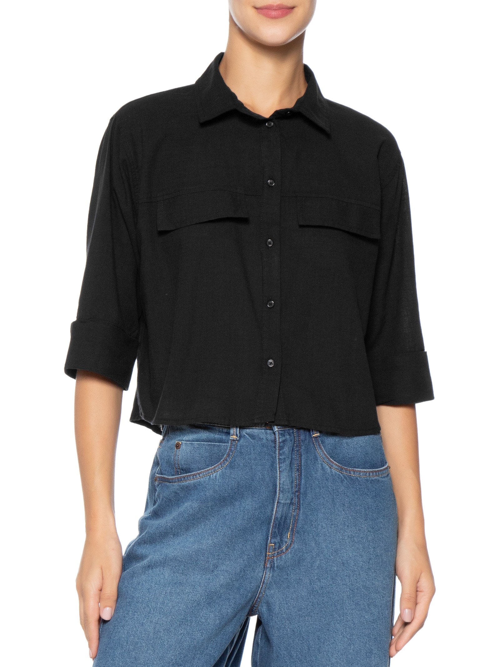 Camisa Feminina Manga Três Quartos Preto Basiq