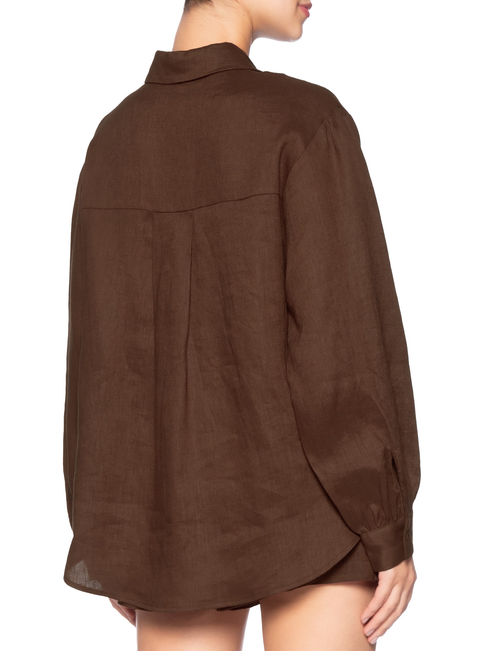 Camisa Feminina Mangas Linho Marrom Farm