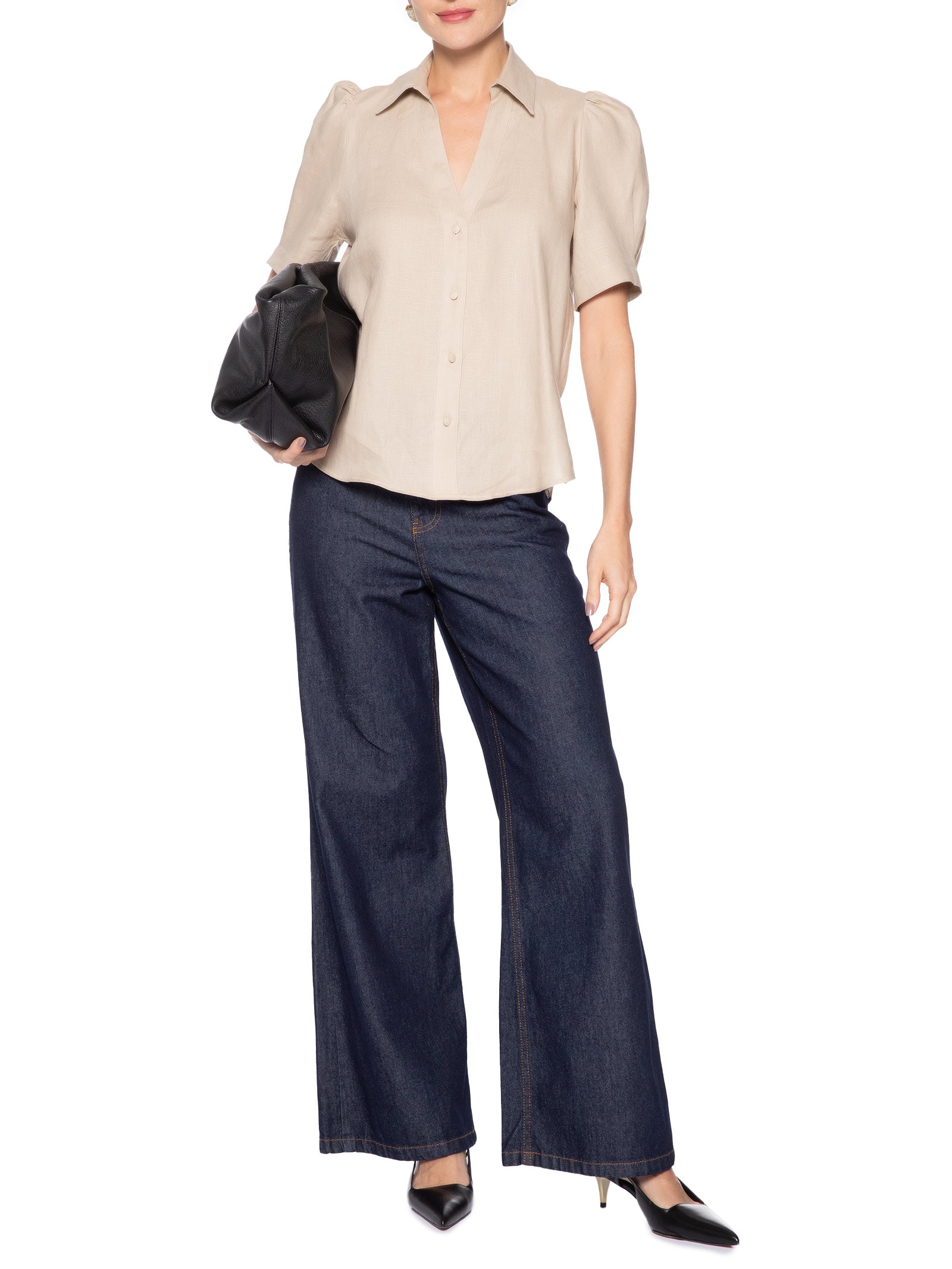 Camisa Feminina New Beck Manga Curta Bege Le Lis