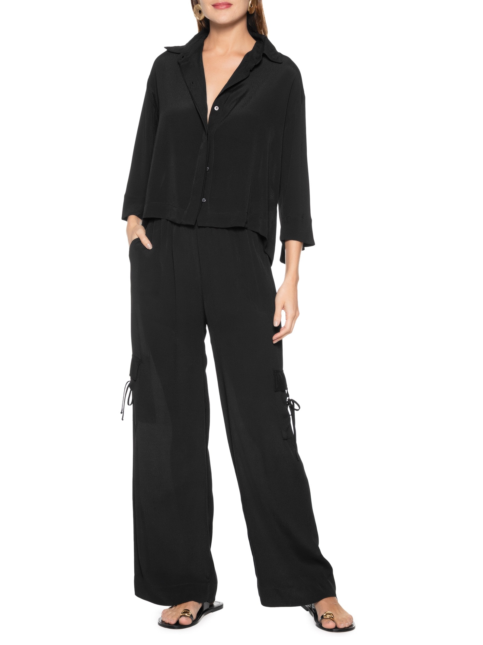 Camisa Feminina Over Viscose Creponada Preto Cantão