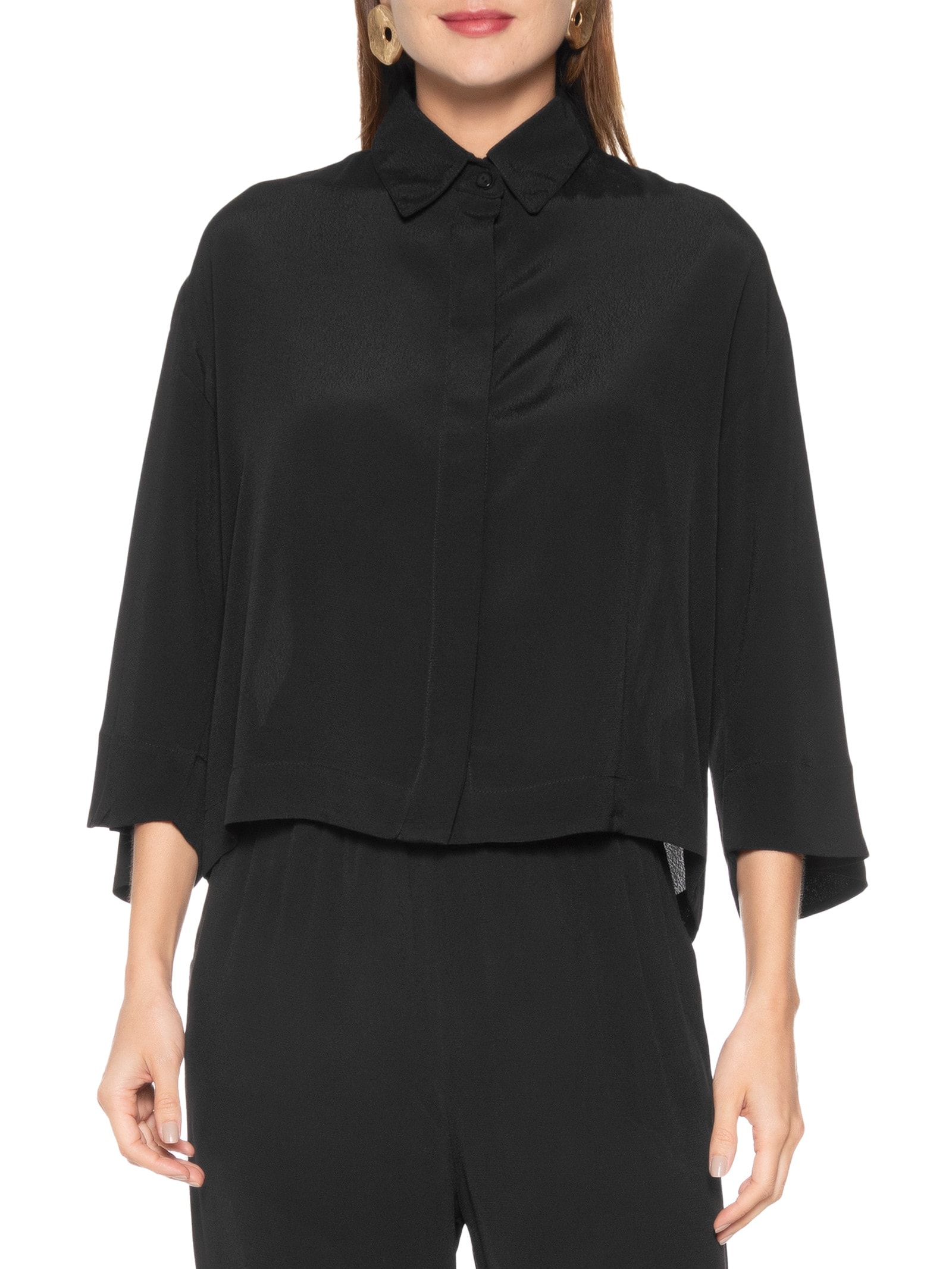 Camisa Feminina Over Viscose Creponada Preto Cantão
