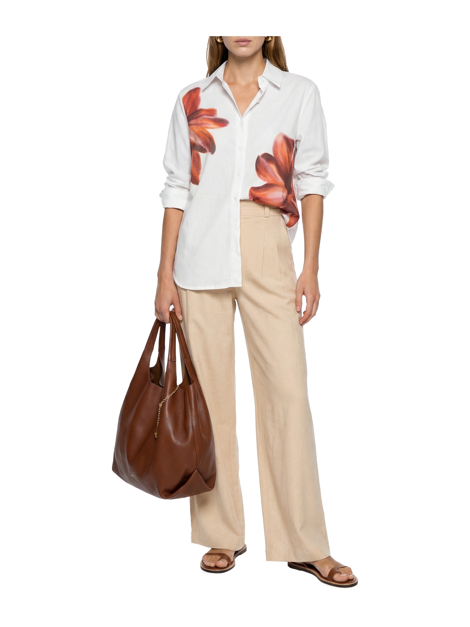 Camisa Feminina Oversize Floral Branco Cacay