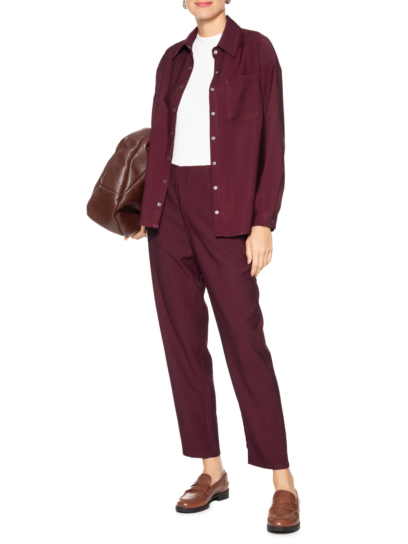 Camisa Feminina Oversized Botões De Pressão Vinho Basiq