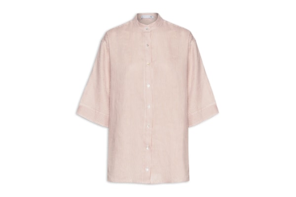 Camisa Feminina Oversized com Ombros Deslocados em Linho Puro Listrado - Bege