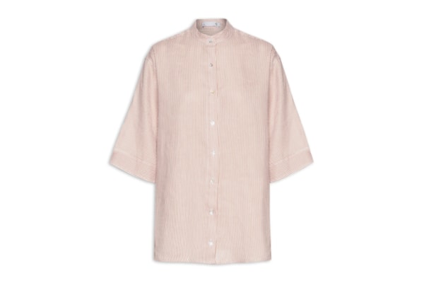 Camisa Feminina Oversized com Ombros Deslocados em Linho Puro Listrado - Bege