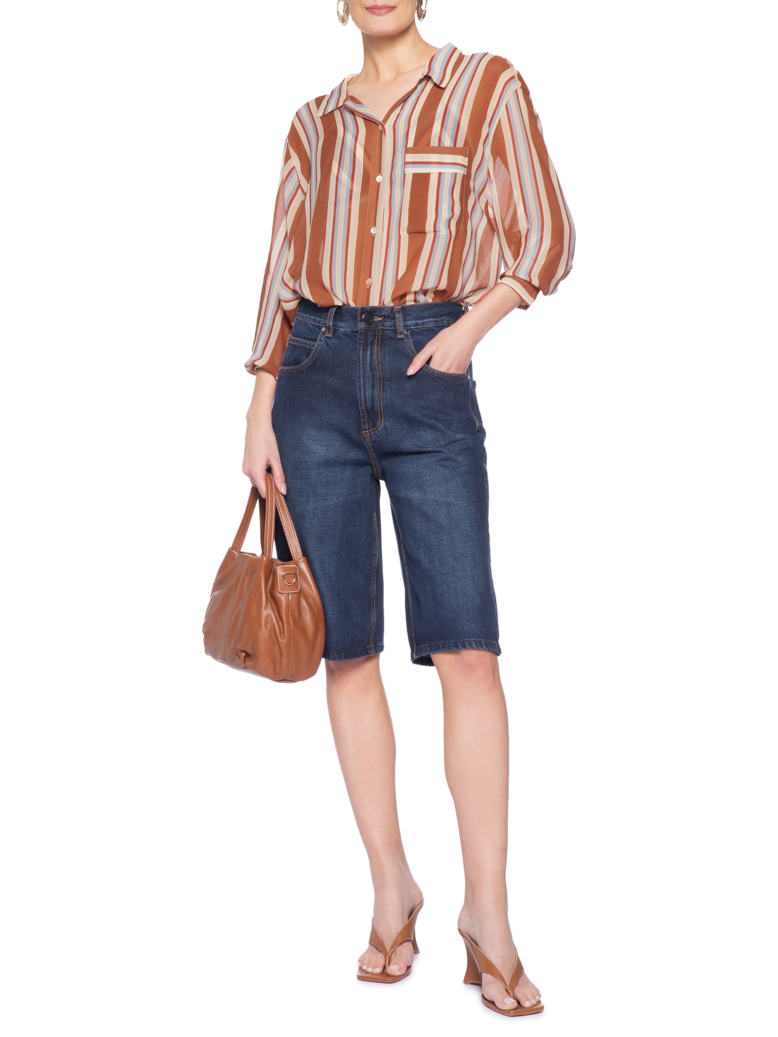 Camisa Feminina Oversized Listra Bordada Azul Animale