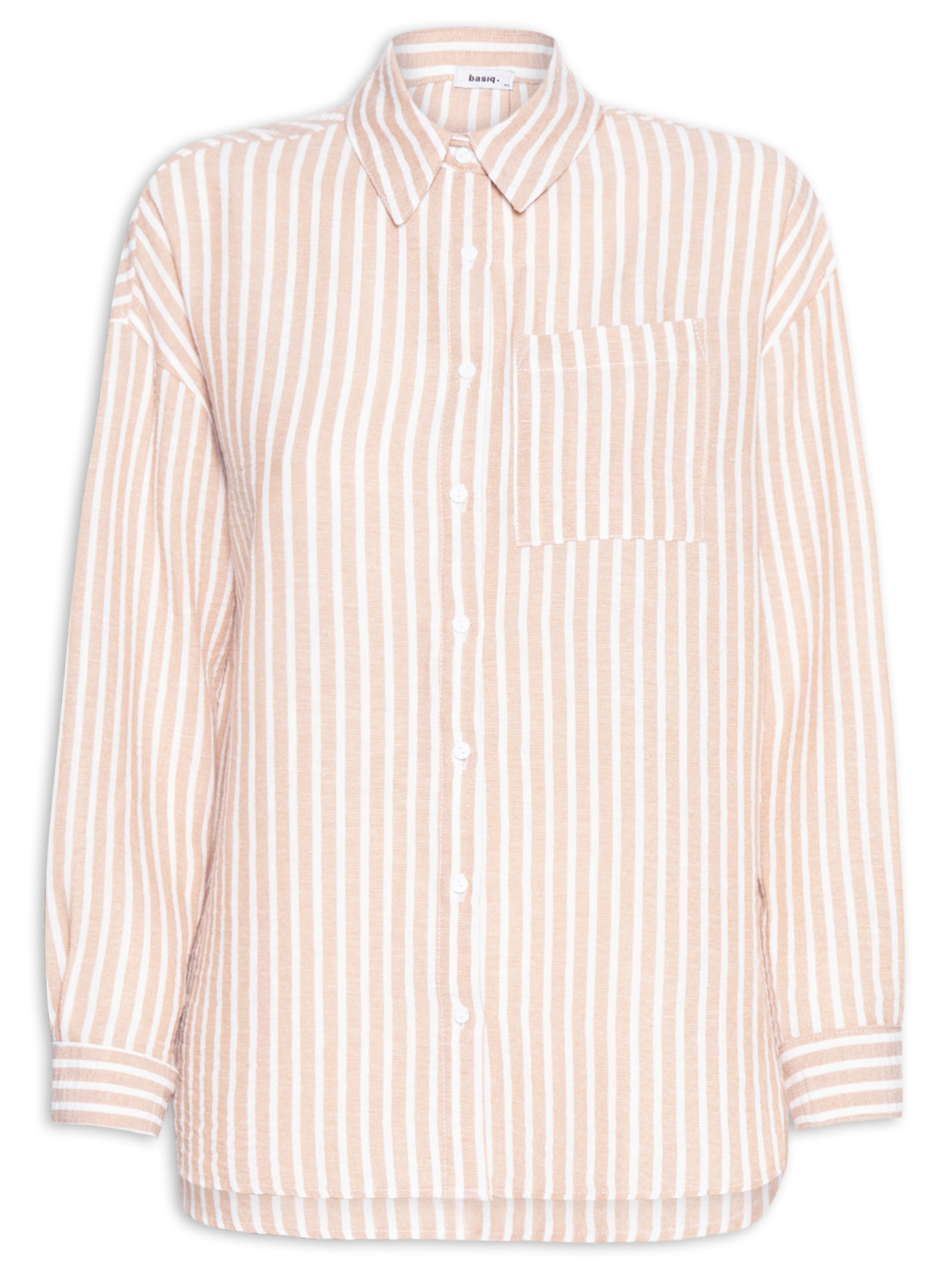 Camisa Feminina Oversized Listrada Bege Basiq