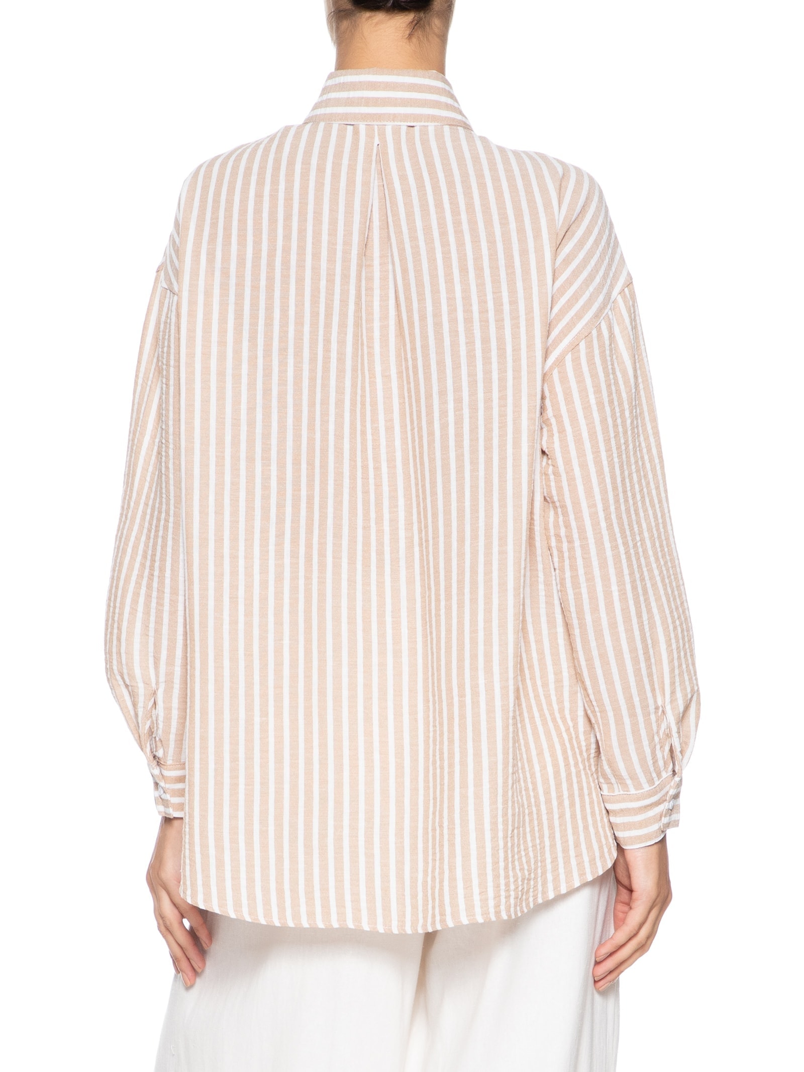 Camisa Feminina Oversized Listrada Bege Basiq