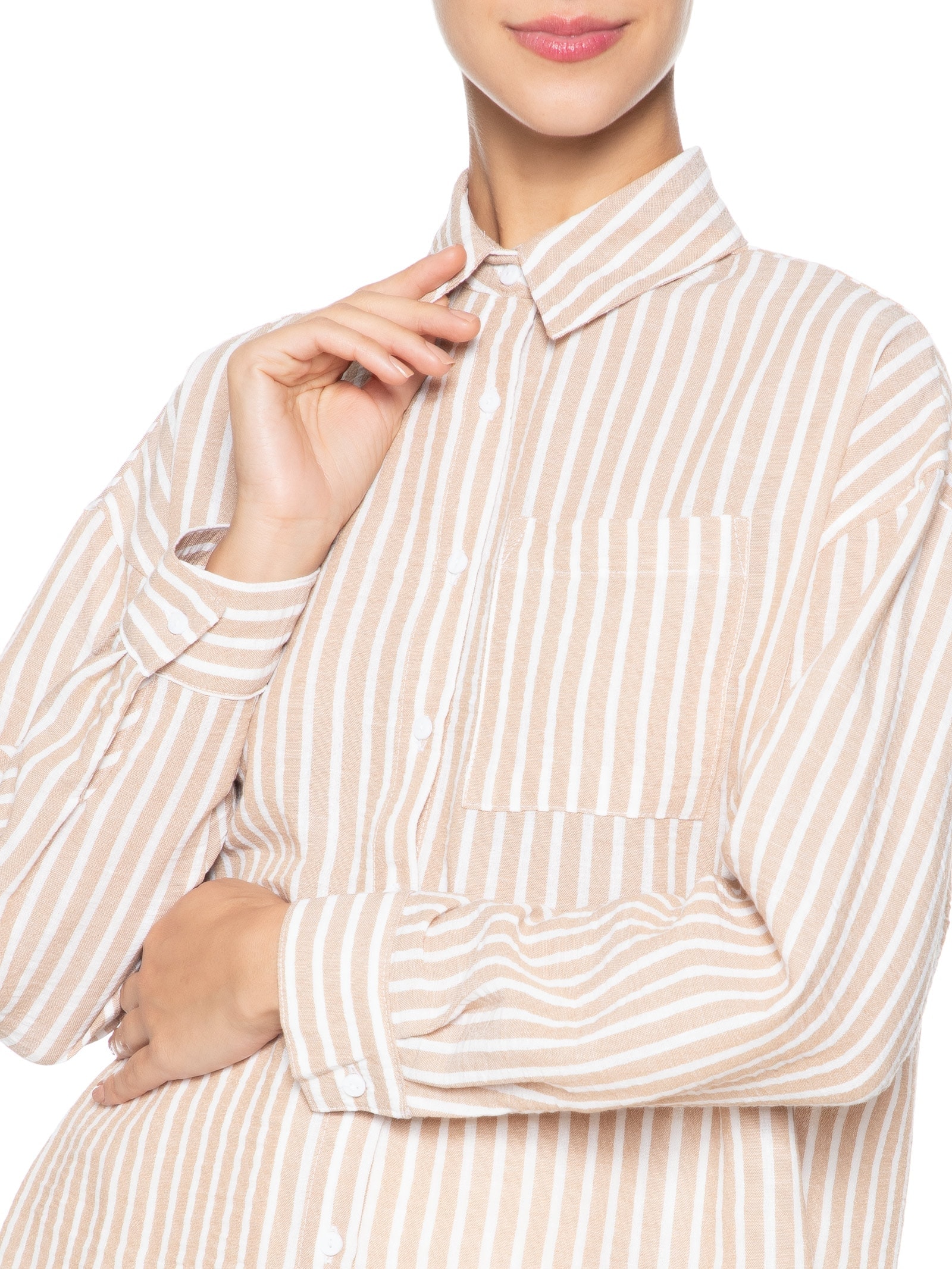 Camisa Feminina Oversized Listrada Bege Basiq