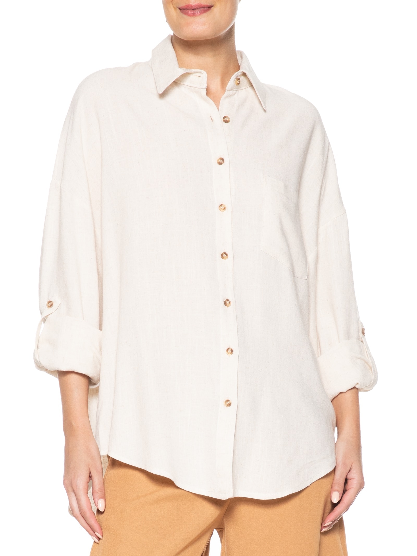 Camisa Feminina Oversized Manga Com Martingale Bege  Basiq