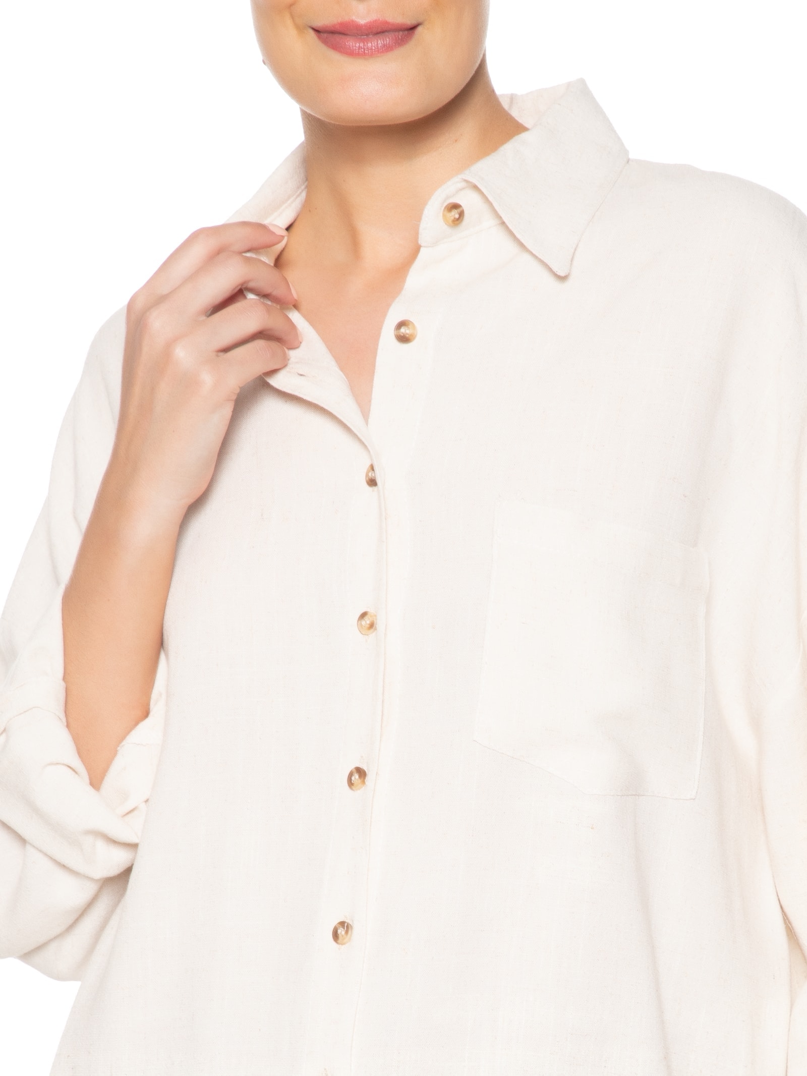 Camisa Feminina Oversized Manga Com Martingale Bege  Basiq
