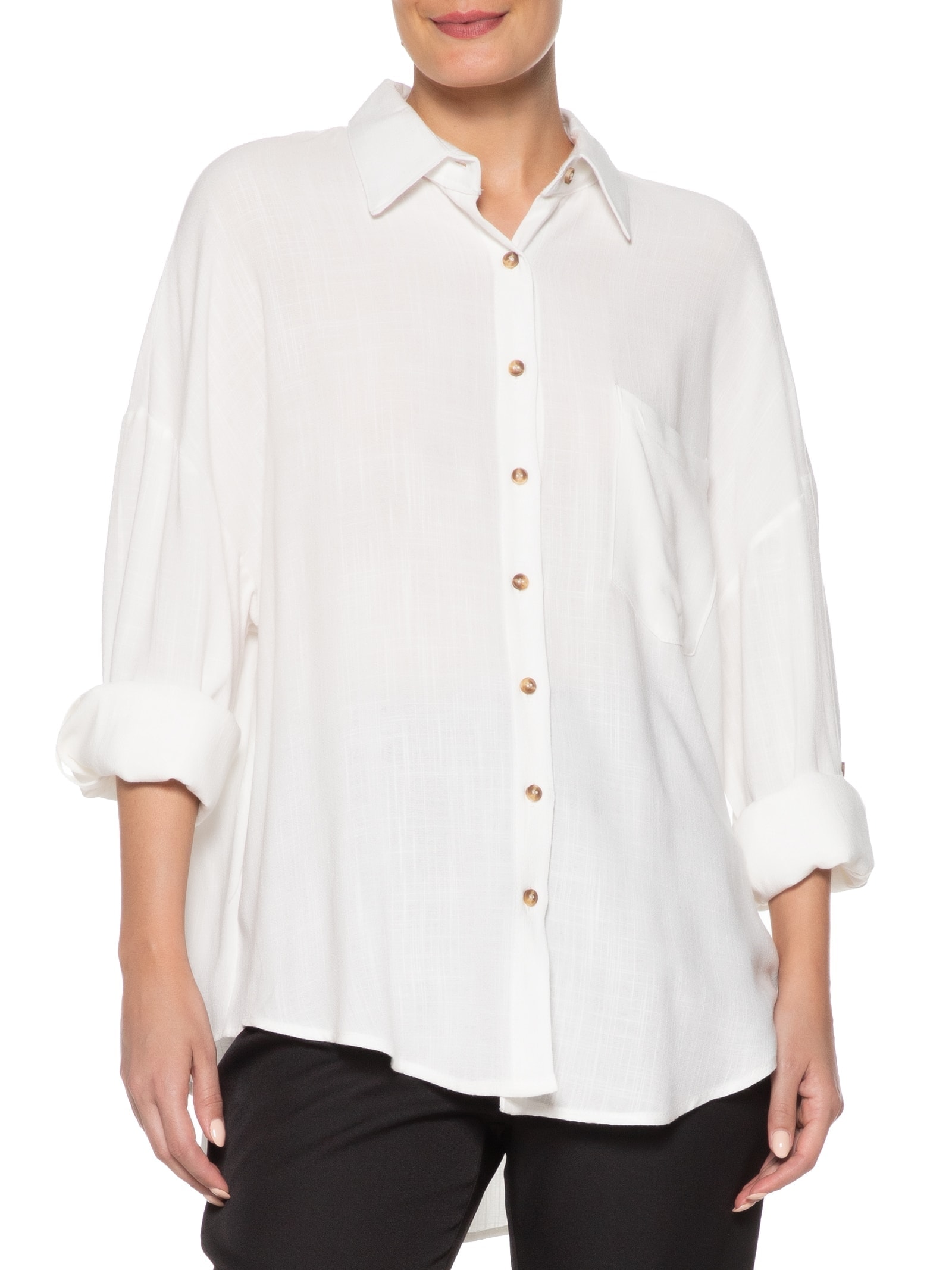 Camisa Feminina Oversized Manga Com Martingale Off White Basiq