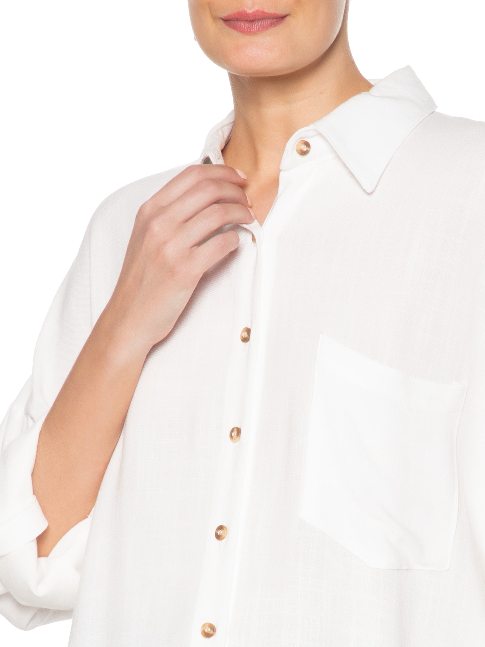 Camisa Feminina Oversized Manga Com Martingale Off White Basiq