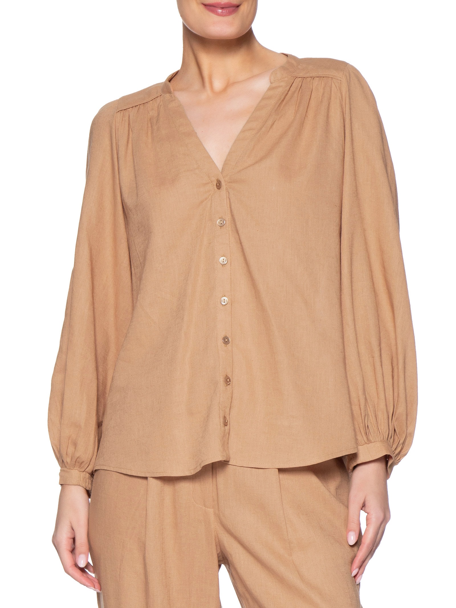 Camisa Feminina Pala Franzida Bege Maria Filó