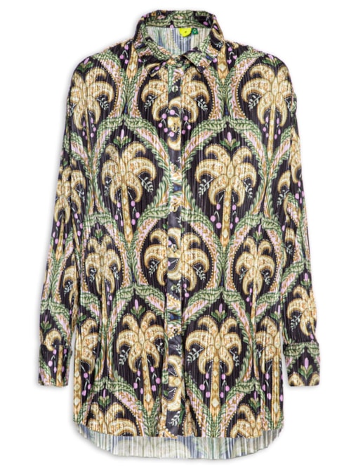 Camisa Feminina Plissada Camafeu Tropical – Preto
