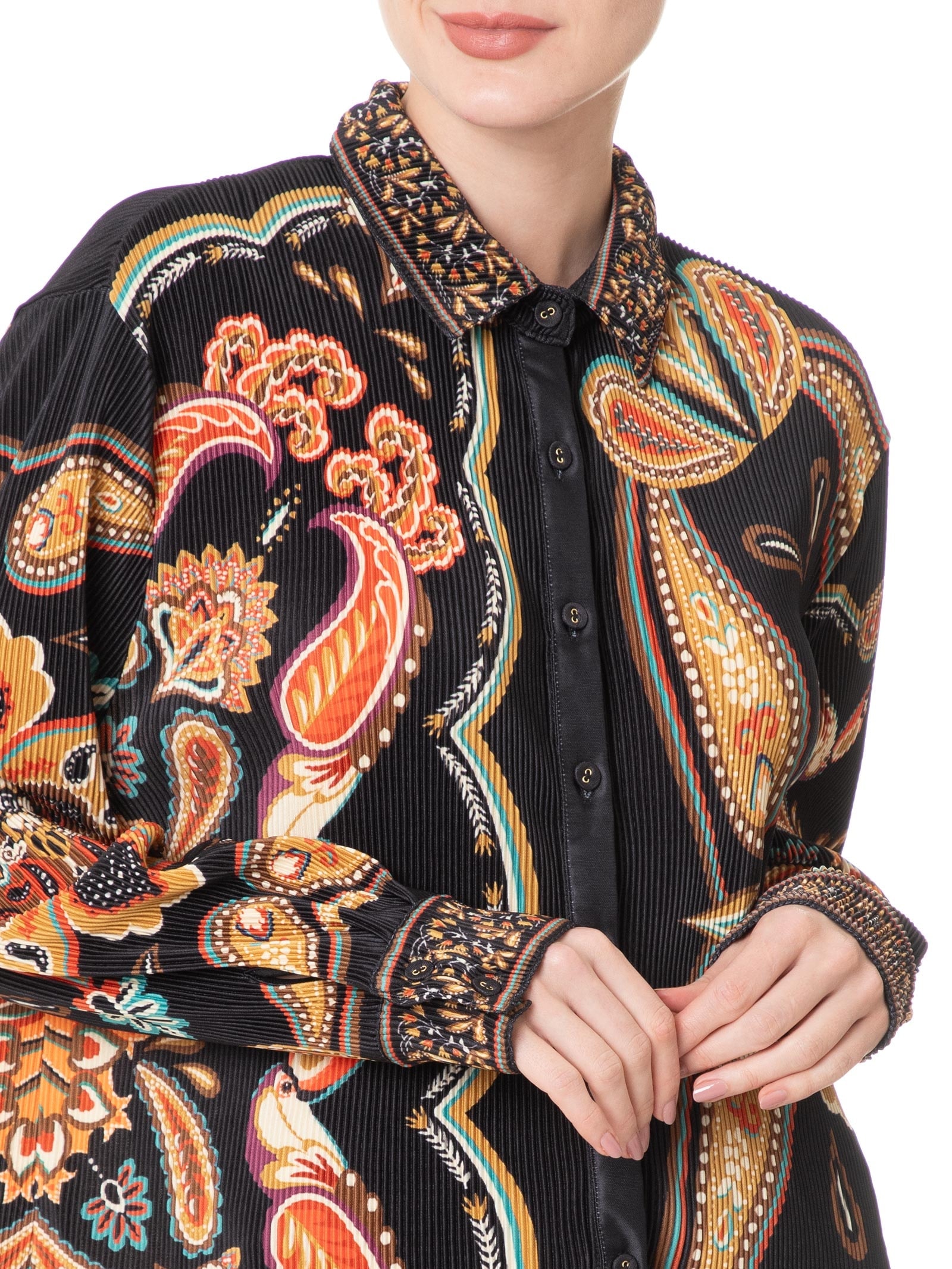 Camisa Feminina Plissada Lenço Boho Preto Farm