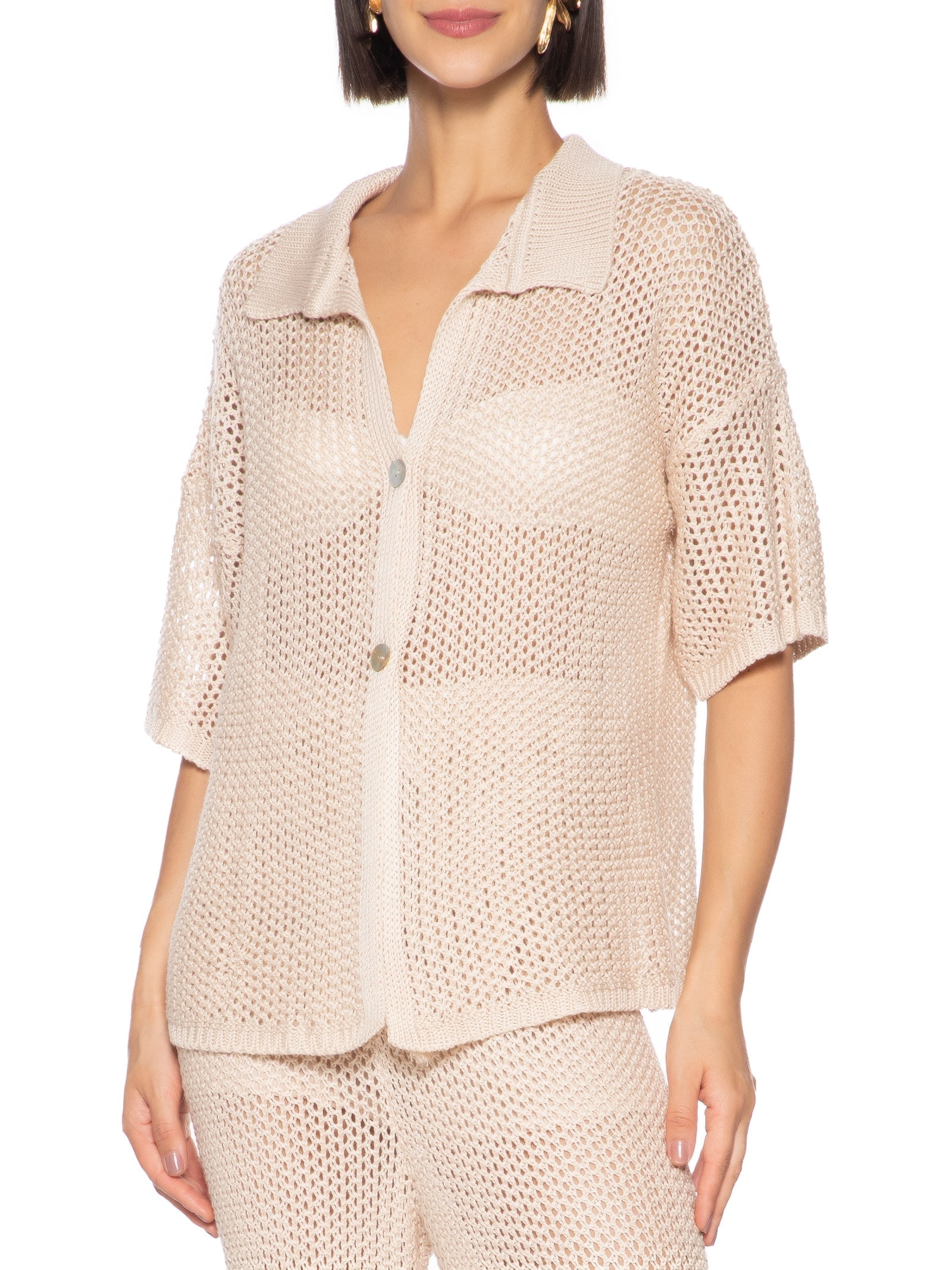 Camisa Feminina Polo Rendada Tricot Bege Cacay