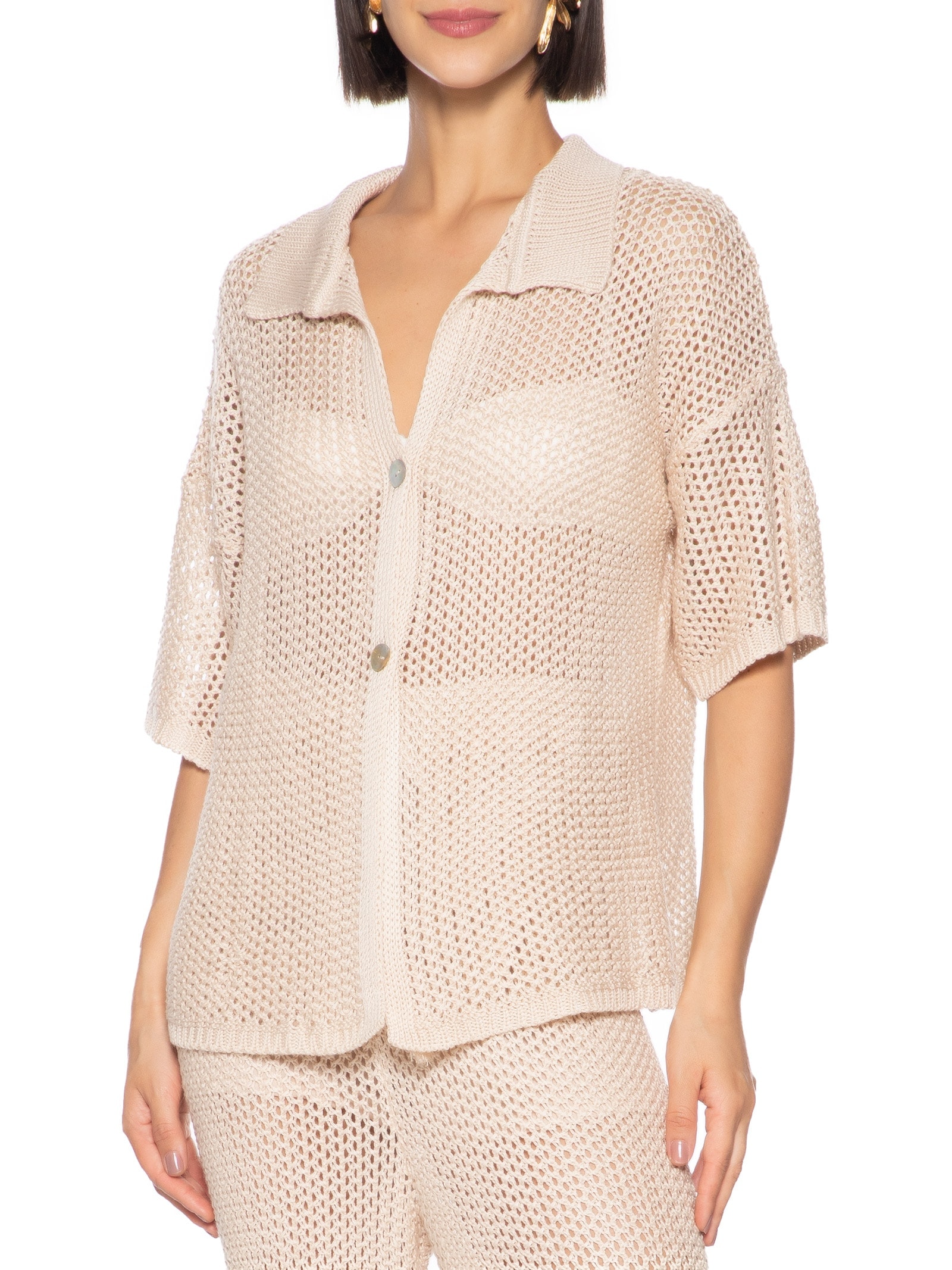 Camisa Feminina Polo Rendada Tricot Bege Cacay