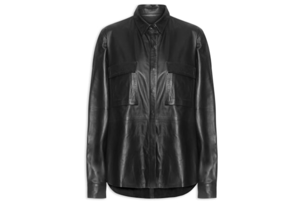 Camisa Feminina Recorte Couro - Preto