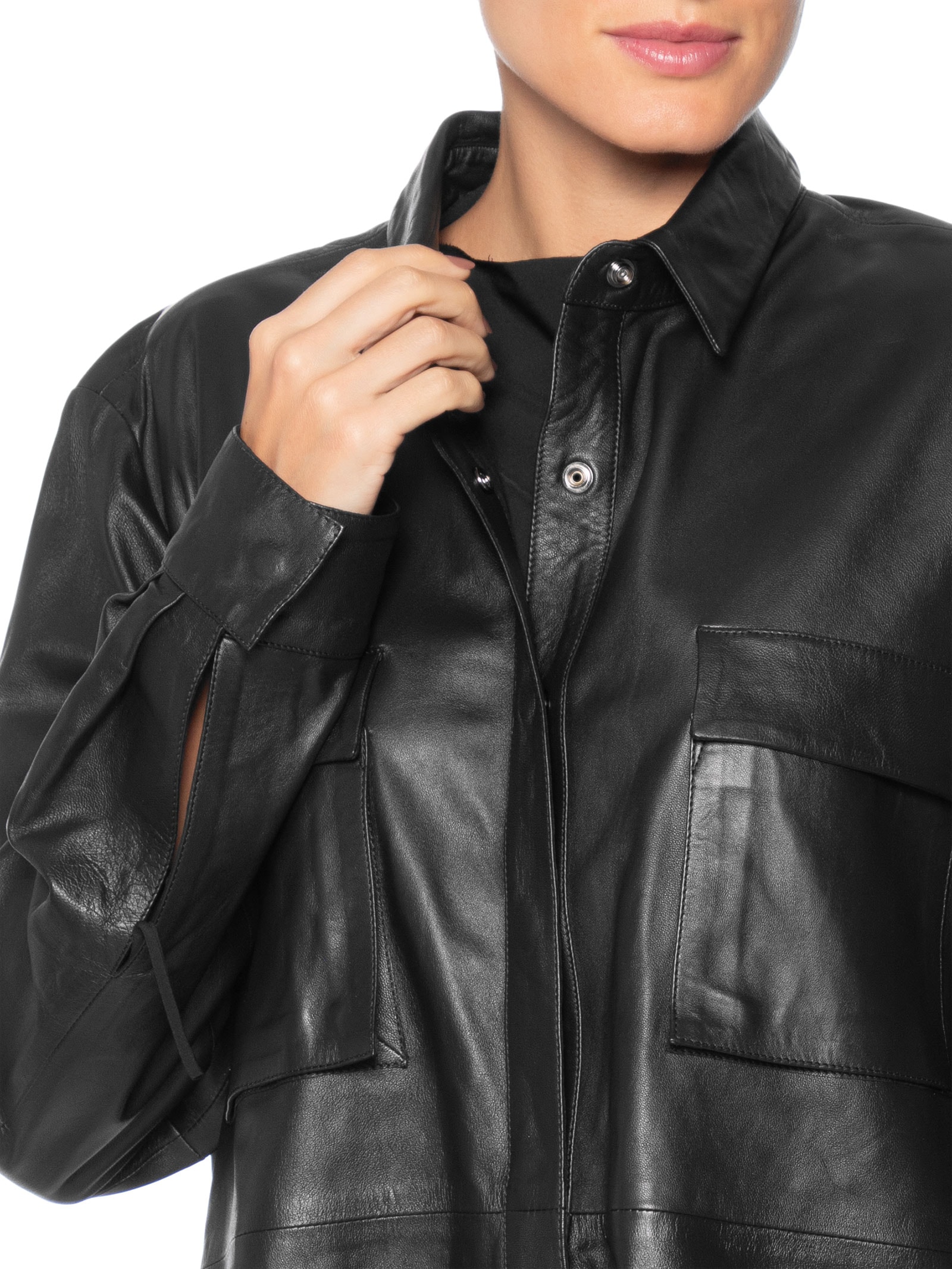 Camisa Feminina Recorte Couro Preto Osklen