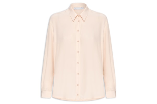 Camisa Feminina Reta Em Seda Com Ombro Deslocado - Bege