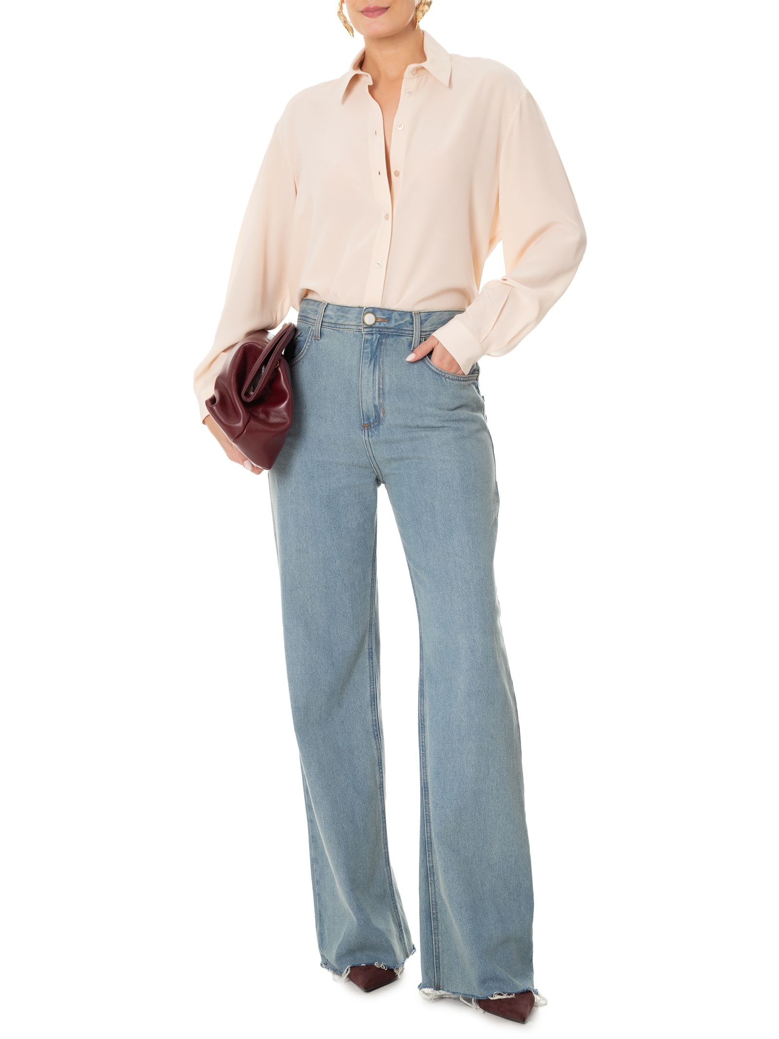 Camisa Feminina Reta Em Seda Com Ombro Deslocado Bege '2Essential