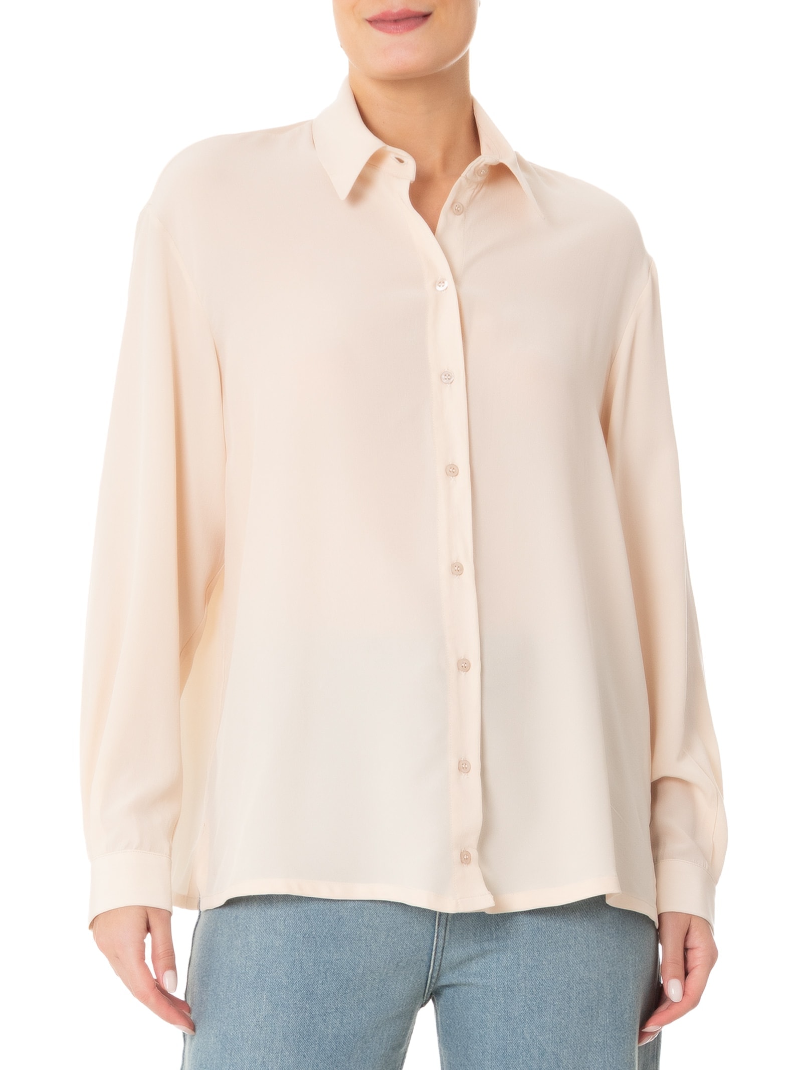 Camisa Feminina Reta Em Seda Com Ombro Deslocado Bege '2Essential