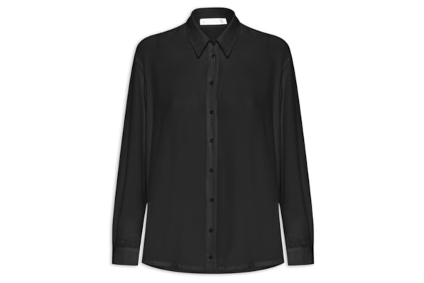 Camisa Feminina Reta Em Seda Com Ombro Deslocado - Preto