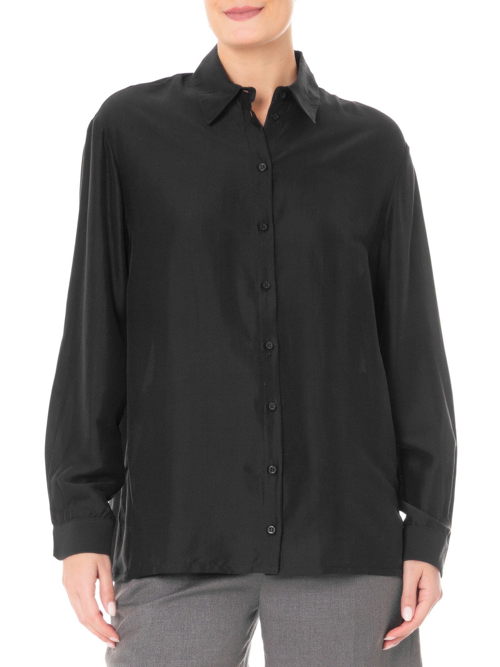 Camisa Feminina Reta Em Seda Com Ombro Deslocado Preto '2Essential