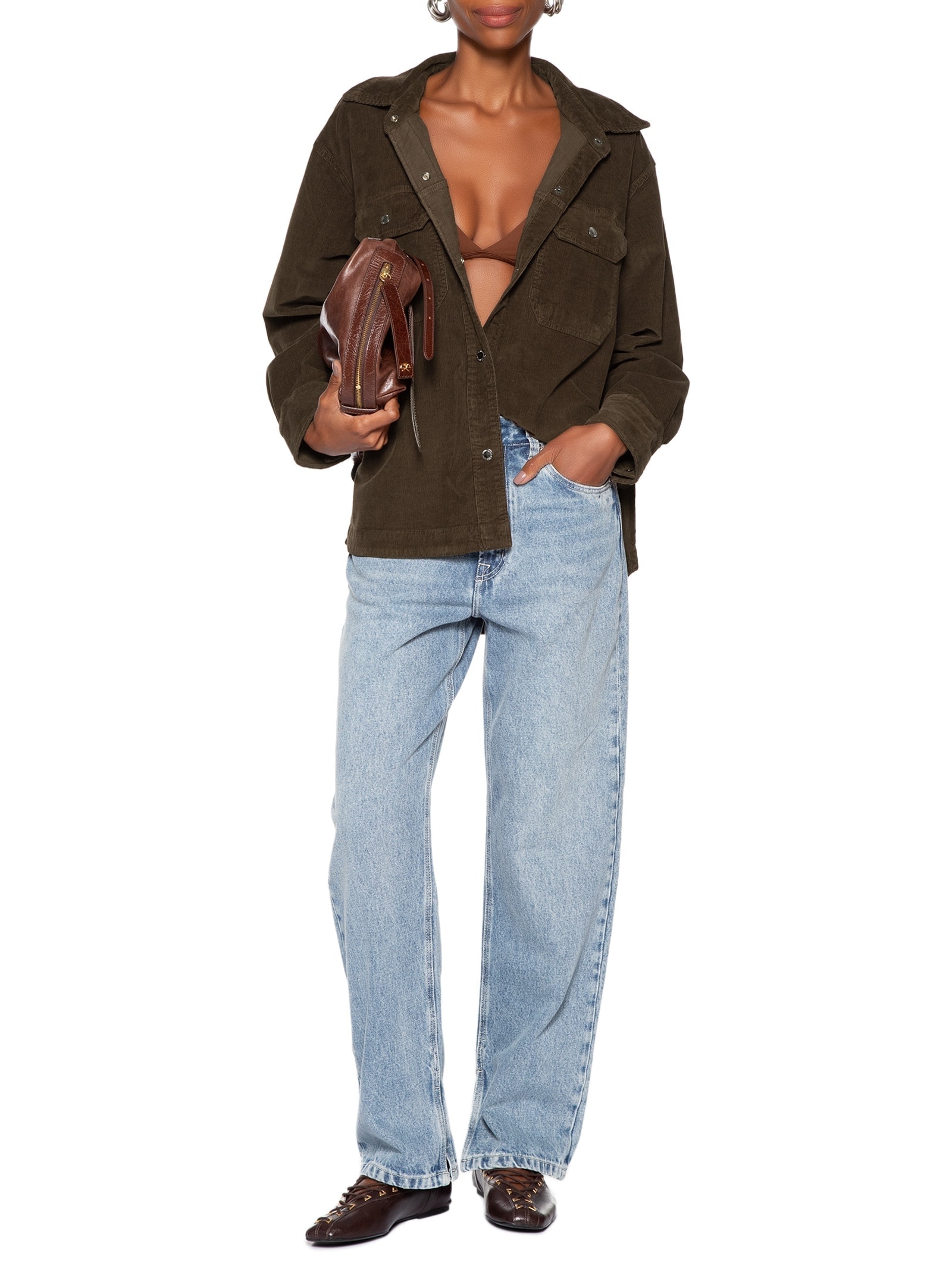 Camisa Feminina Sarja Basic Veludo Marrom Animale Jeans