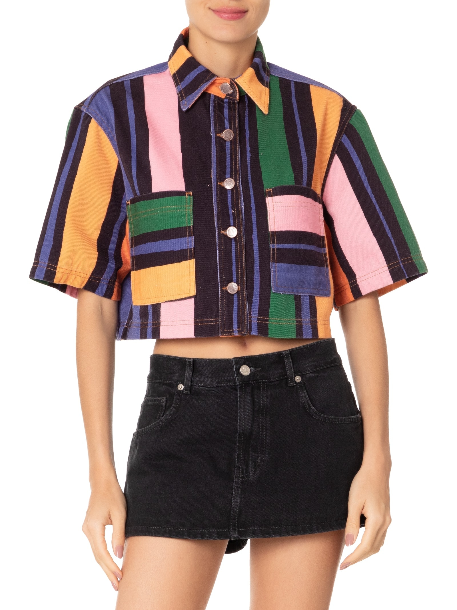 Camisa Feminina Sarja Cropped Listra Fantasia Azul Farm