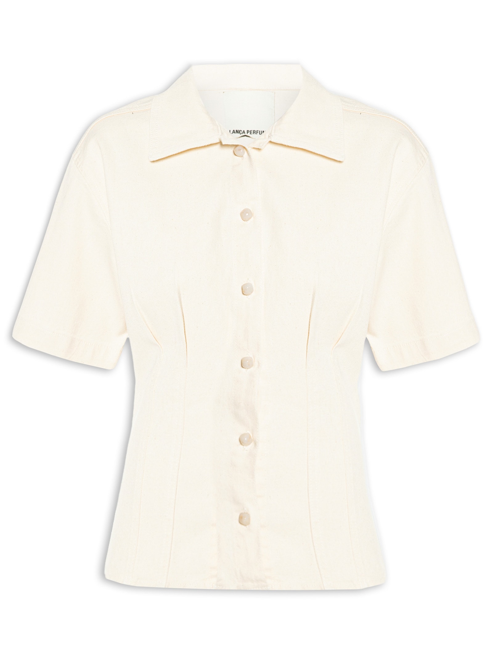 Camisa Feminina Sarja Manga Curta Off White Lança Perfume