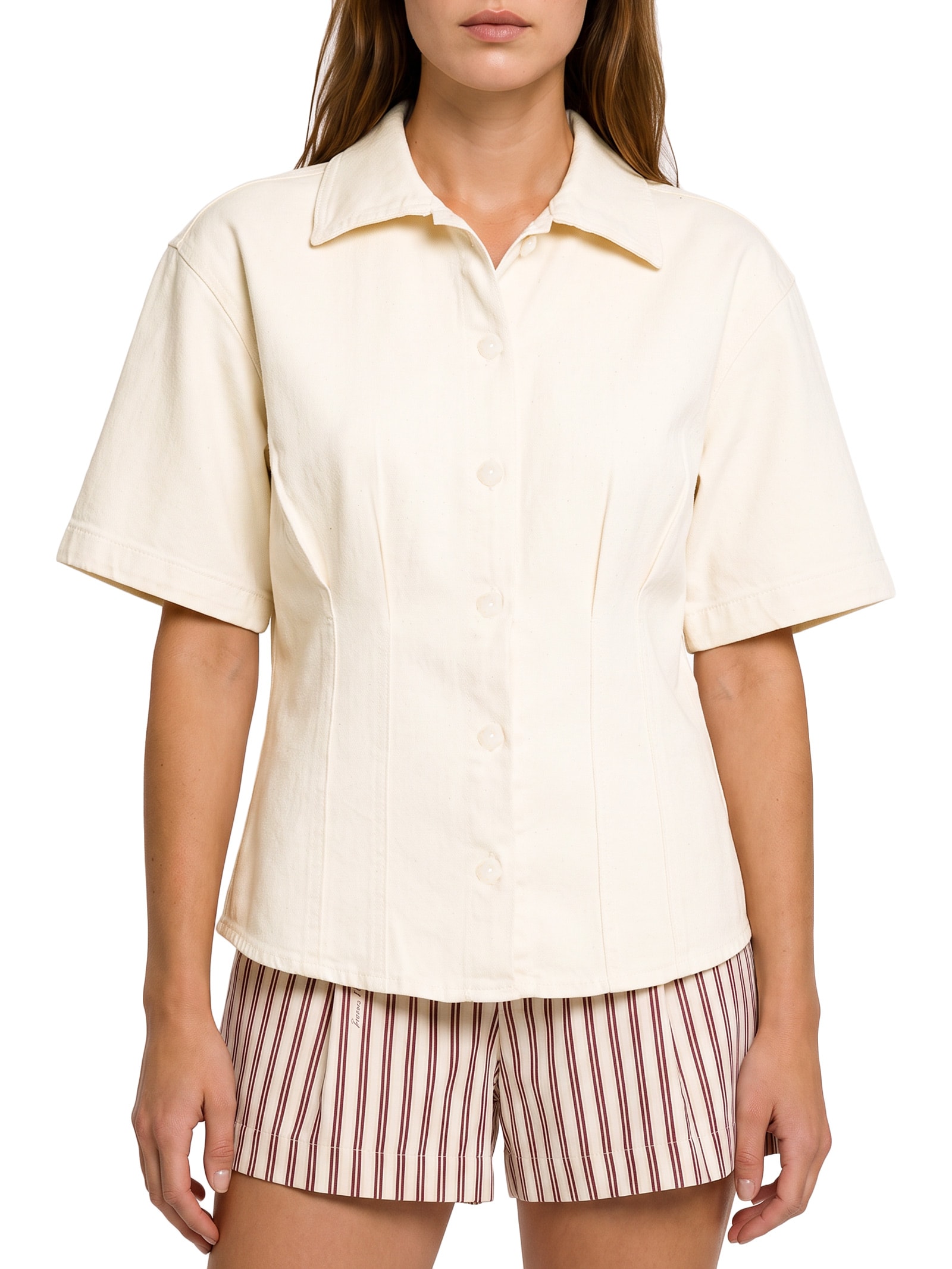 Camisa Feminina Sarja Manga Curta Off White Lança Perfume