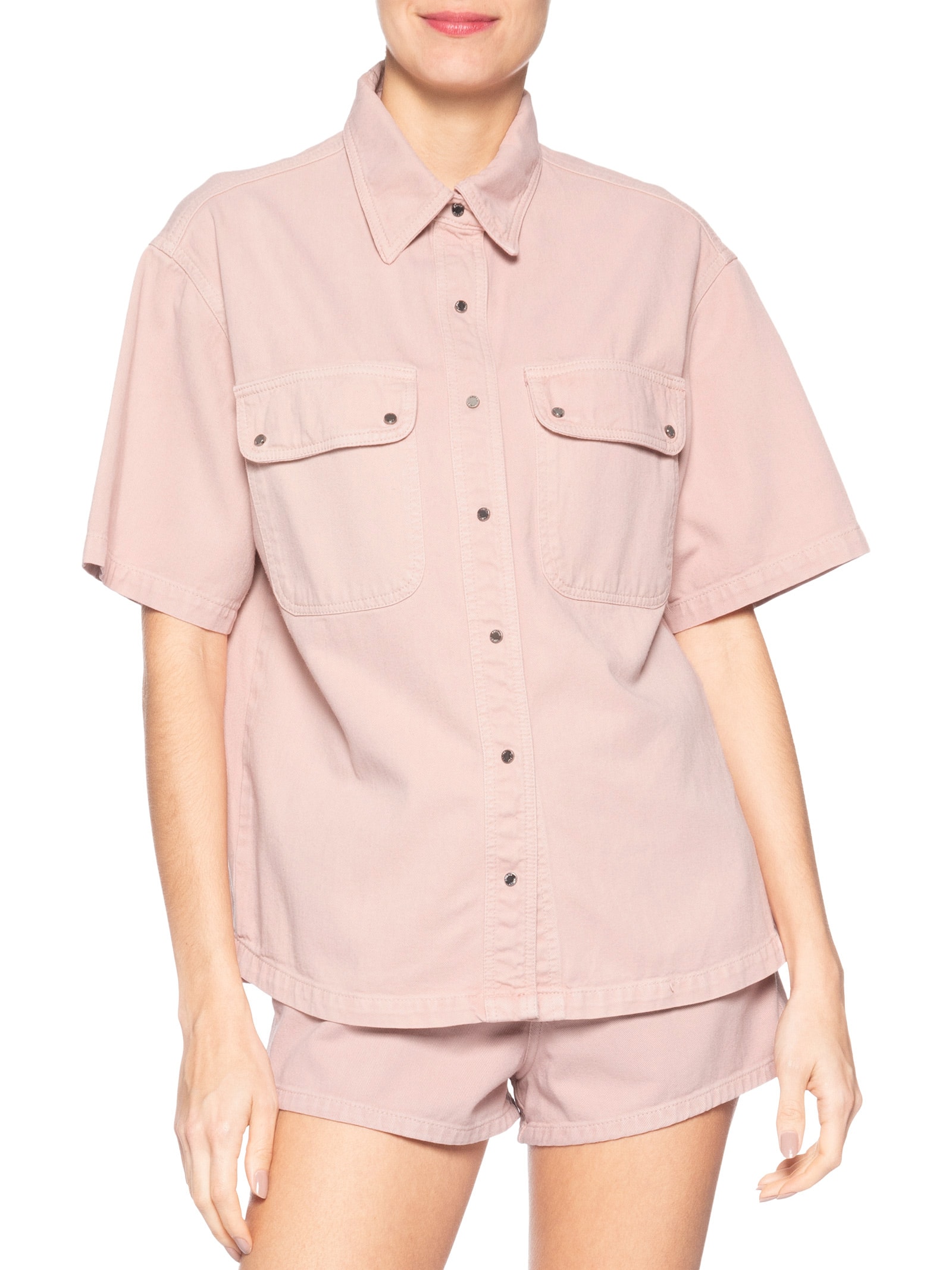 Camisa Feminina Sarja Manga Curta Rosa Animale Jeans