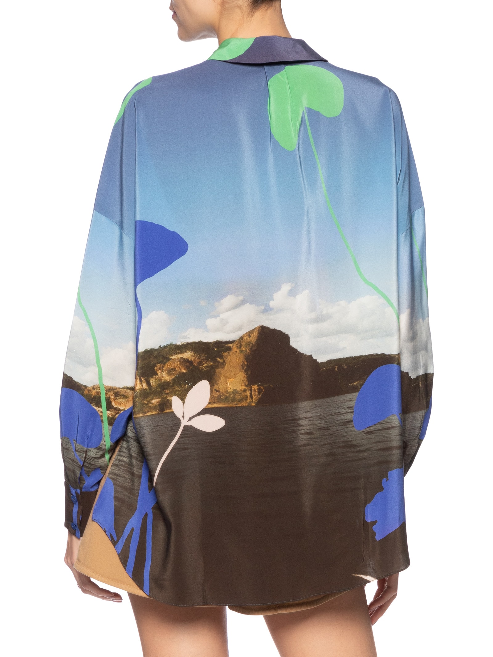 Camisa Feminina Seda Ampla Estampada Manga Longa Azul Animale