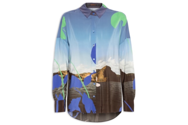 Camisa Feminina Seda Ampla Estampada Manga Longa - Azul