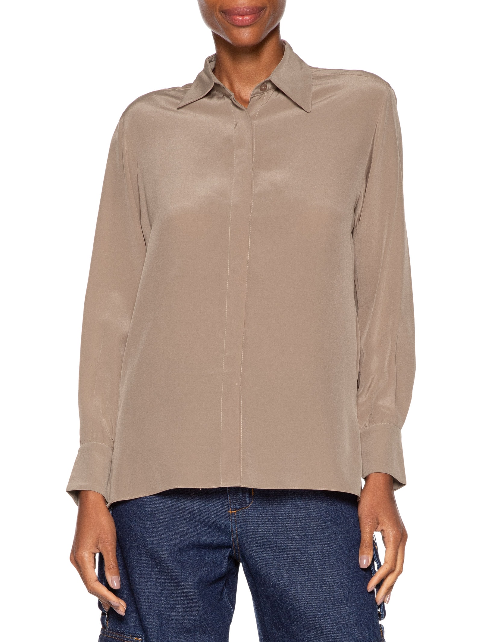 Camisa Feminina Seda Ampla Tassel Marrom Animale