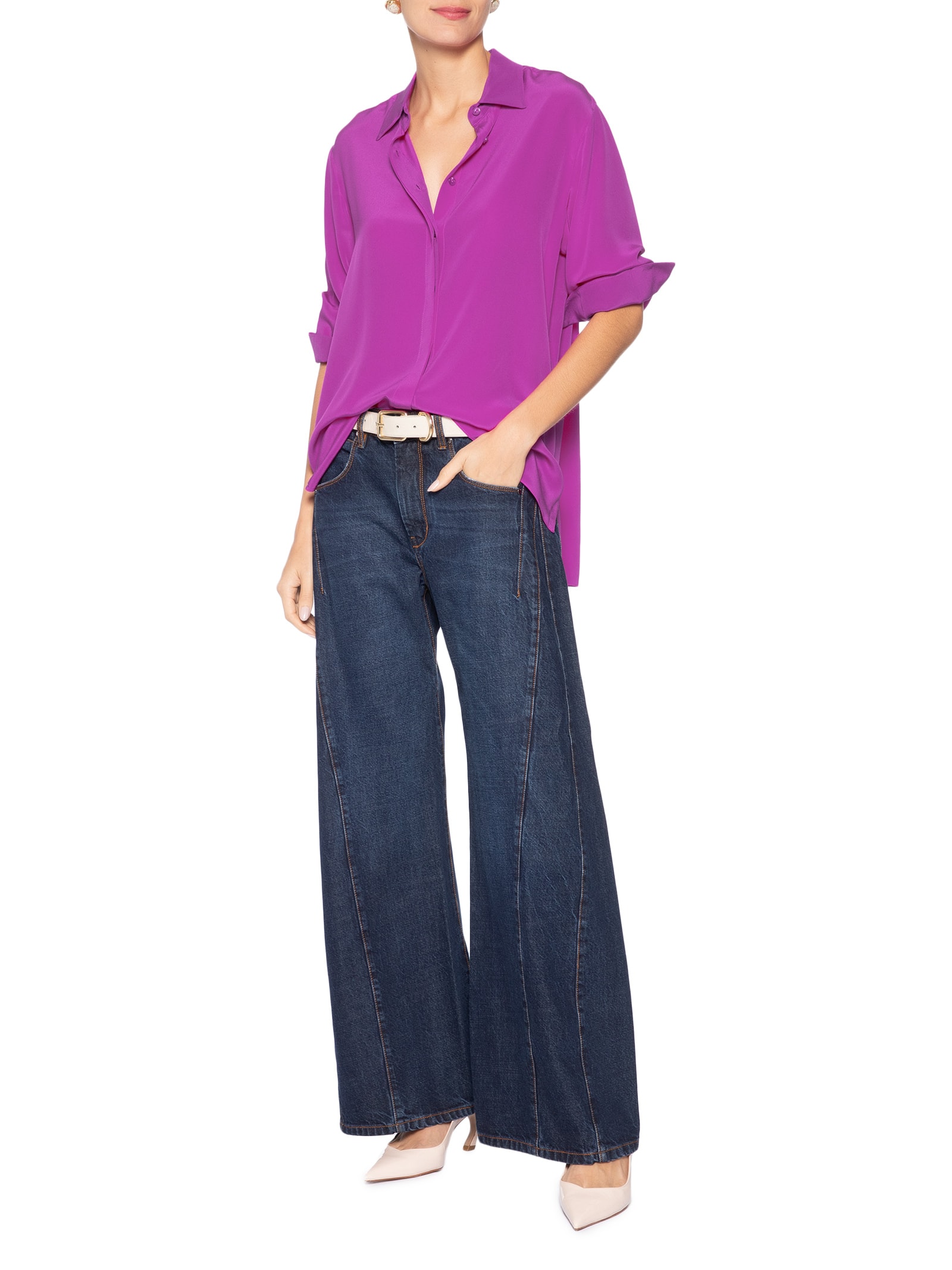 Camisa Feminina Seda Ampla Tinta Manga Longa Rosa Animale