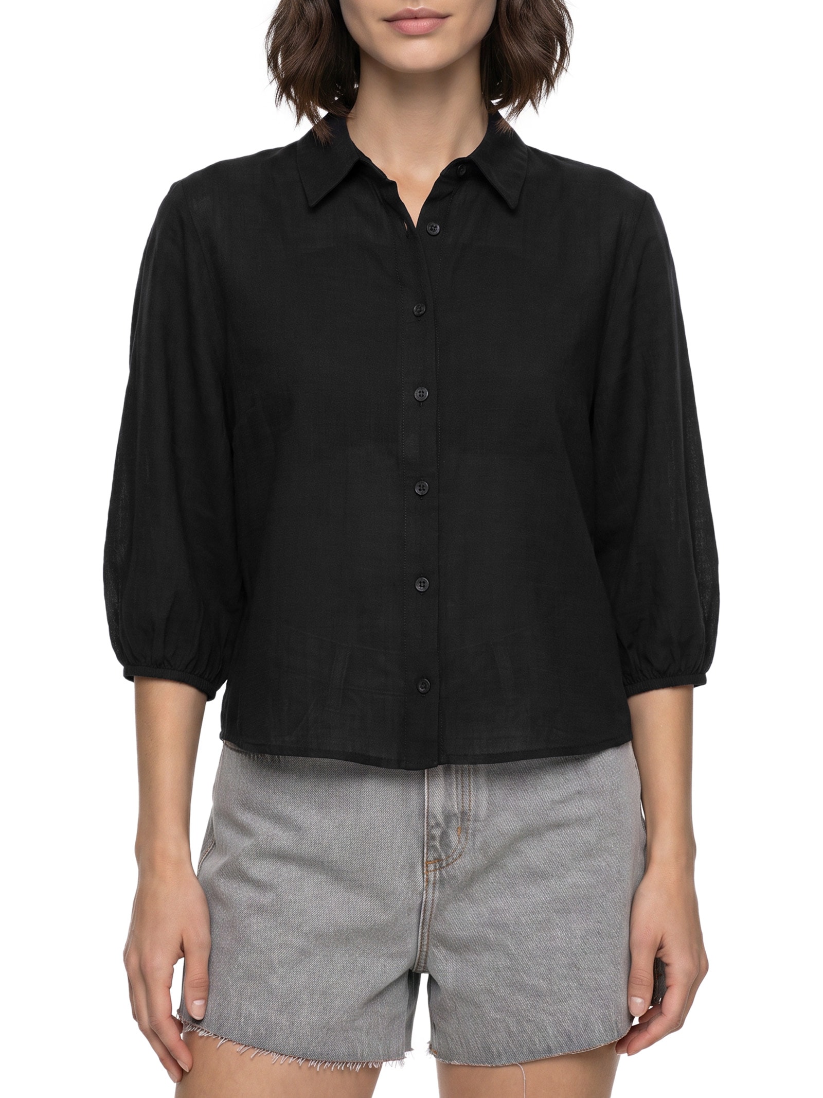 Camisa Feminina Tecido Rayon New Slub Preto Lez A Lez