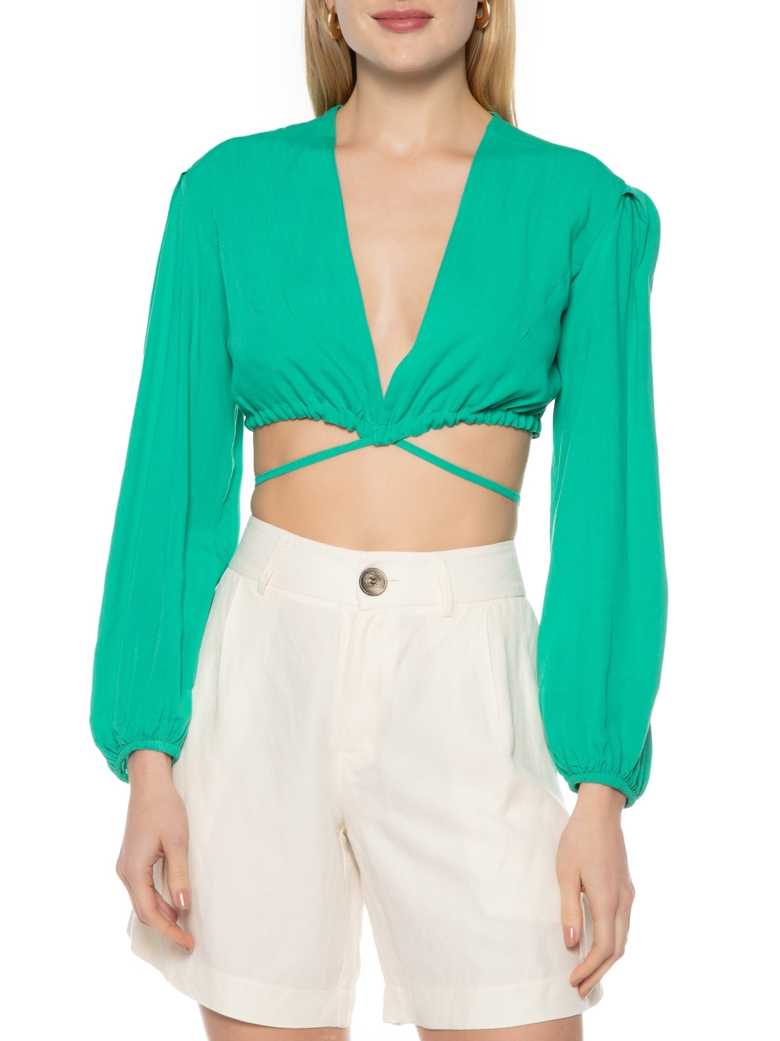 Camisa Feminina Transpassada Manga Longa Verde Market 33