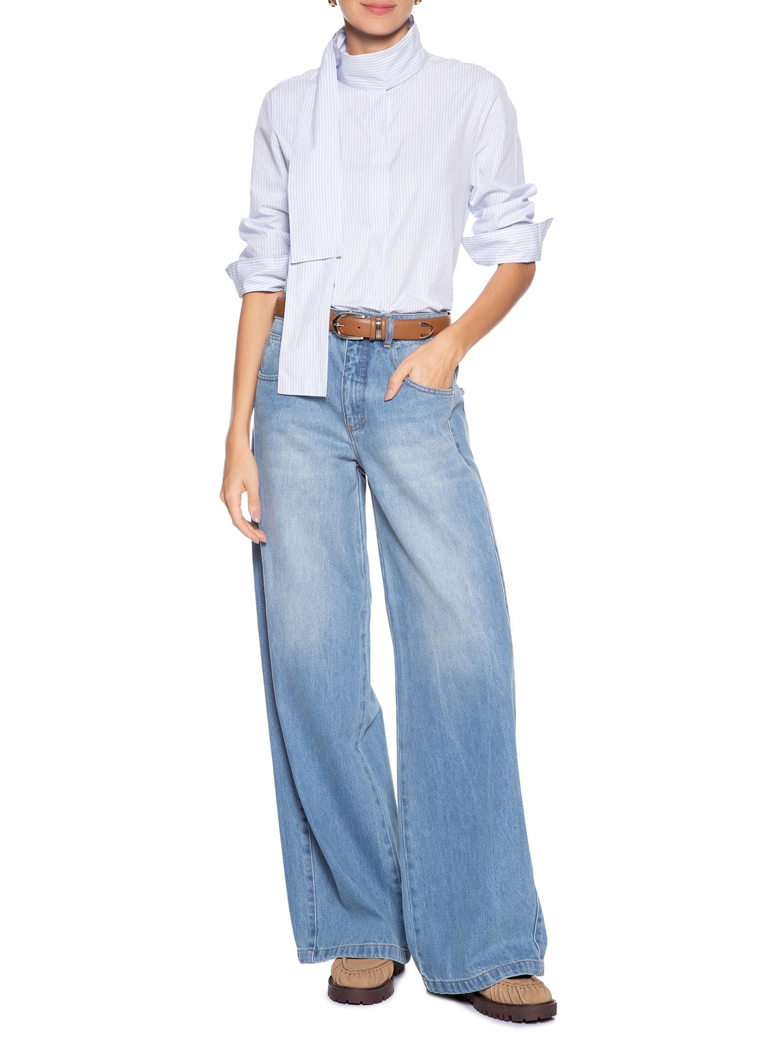 Camisa Feminina Tricoline Laço Azul Animale