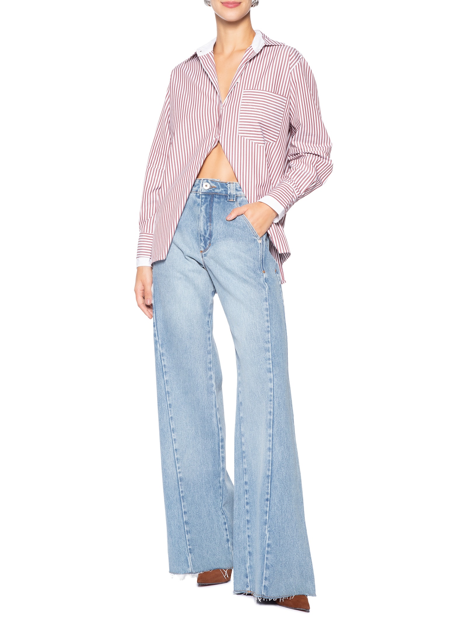 Camisa Feminina Tricoline Listrada Punho Duplo Marrom Animale