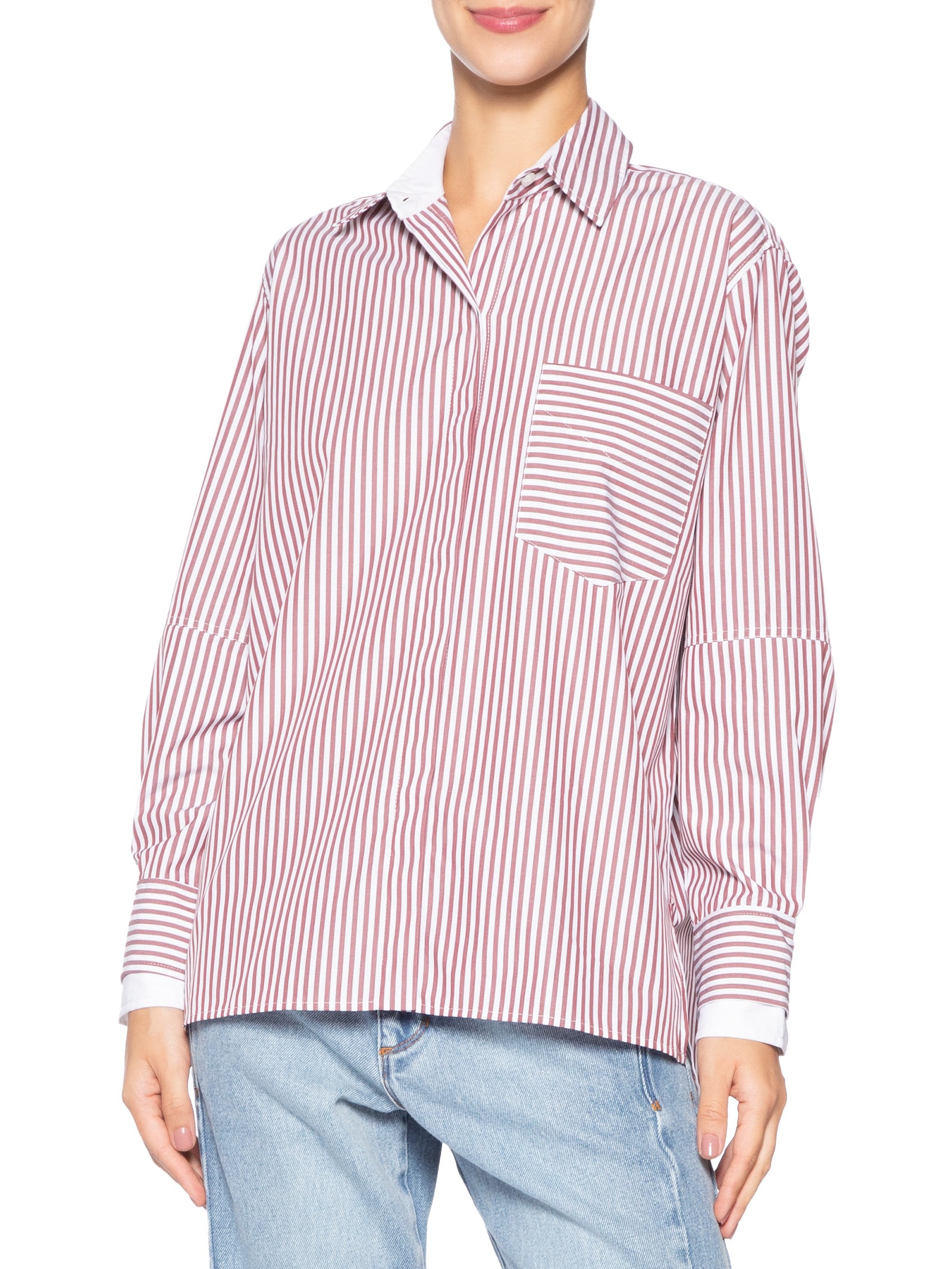 Camisa Feminina Tricoline Listrada Punho Duplo Marrom Animale