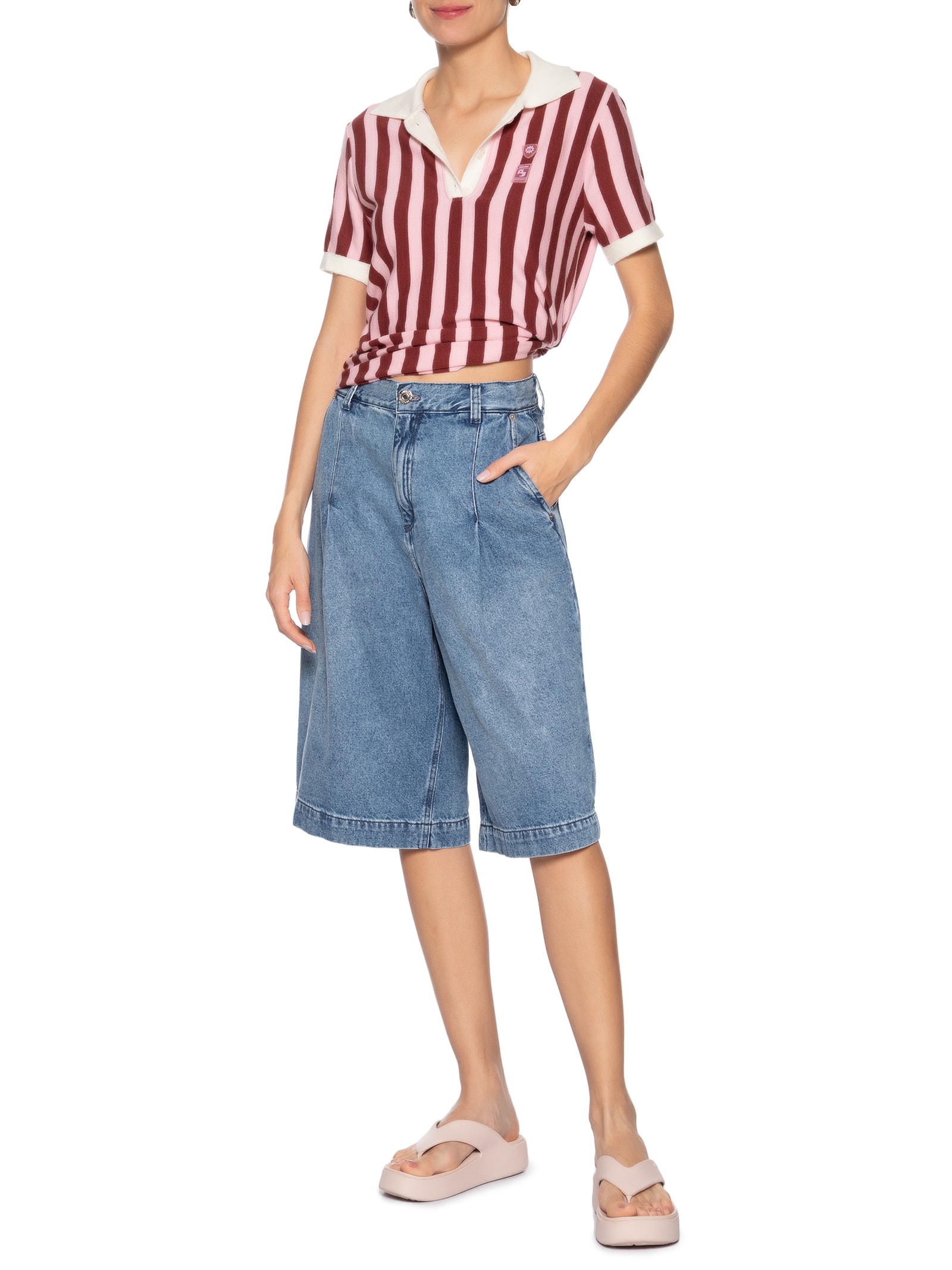  Camisa Feminina Tricot Patch Rosa Animale Jeans