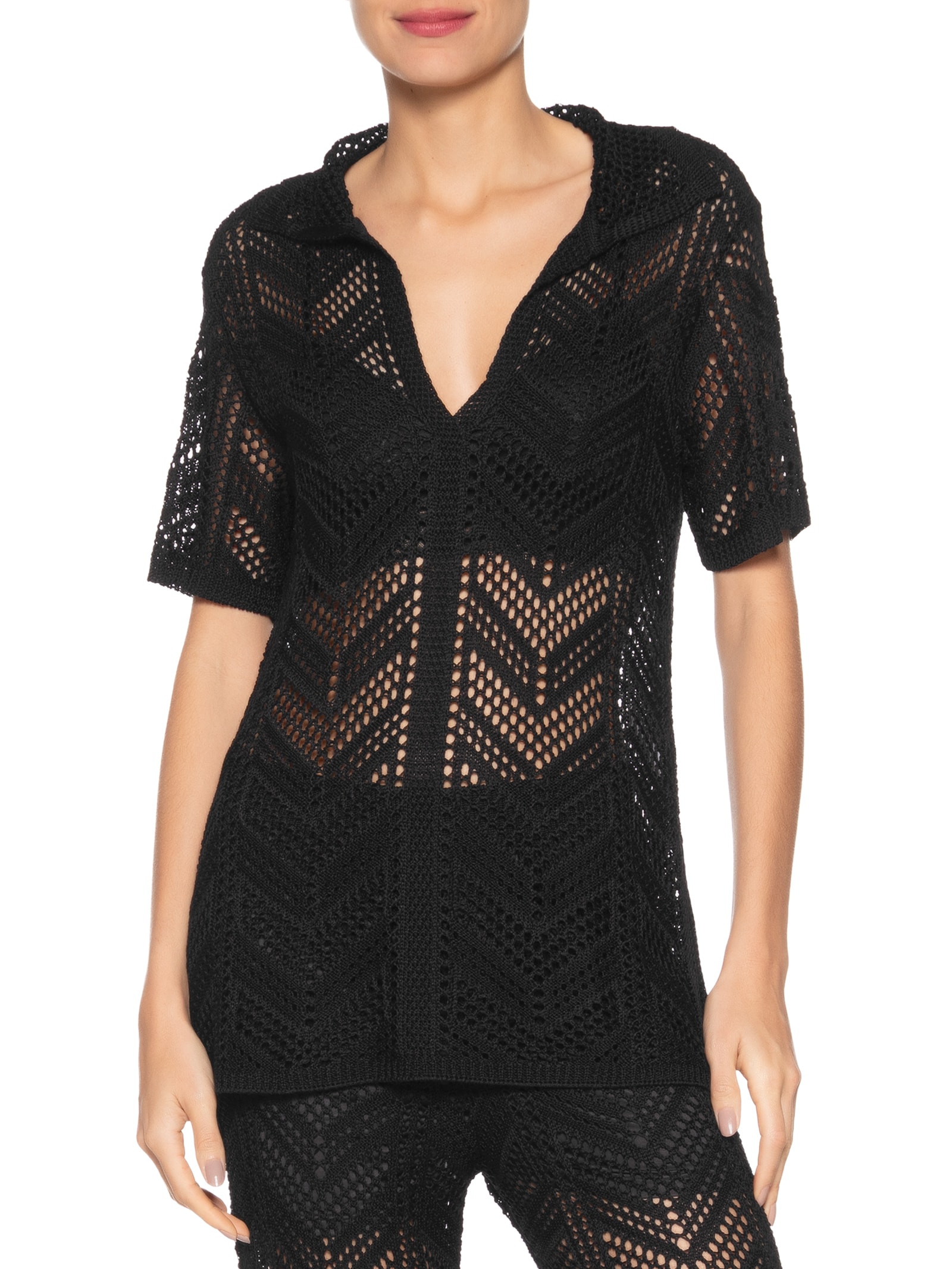 Maria Filó - Camisa Feminina Tricot Ponto Crochet - Preto