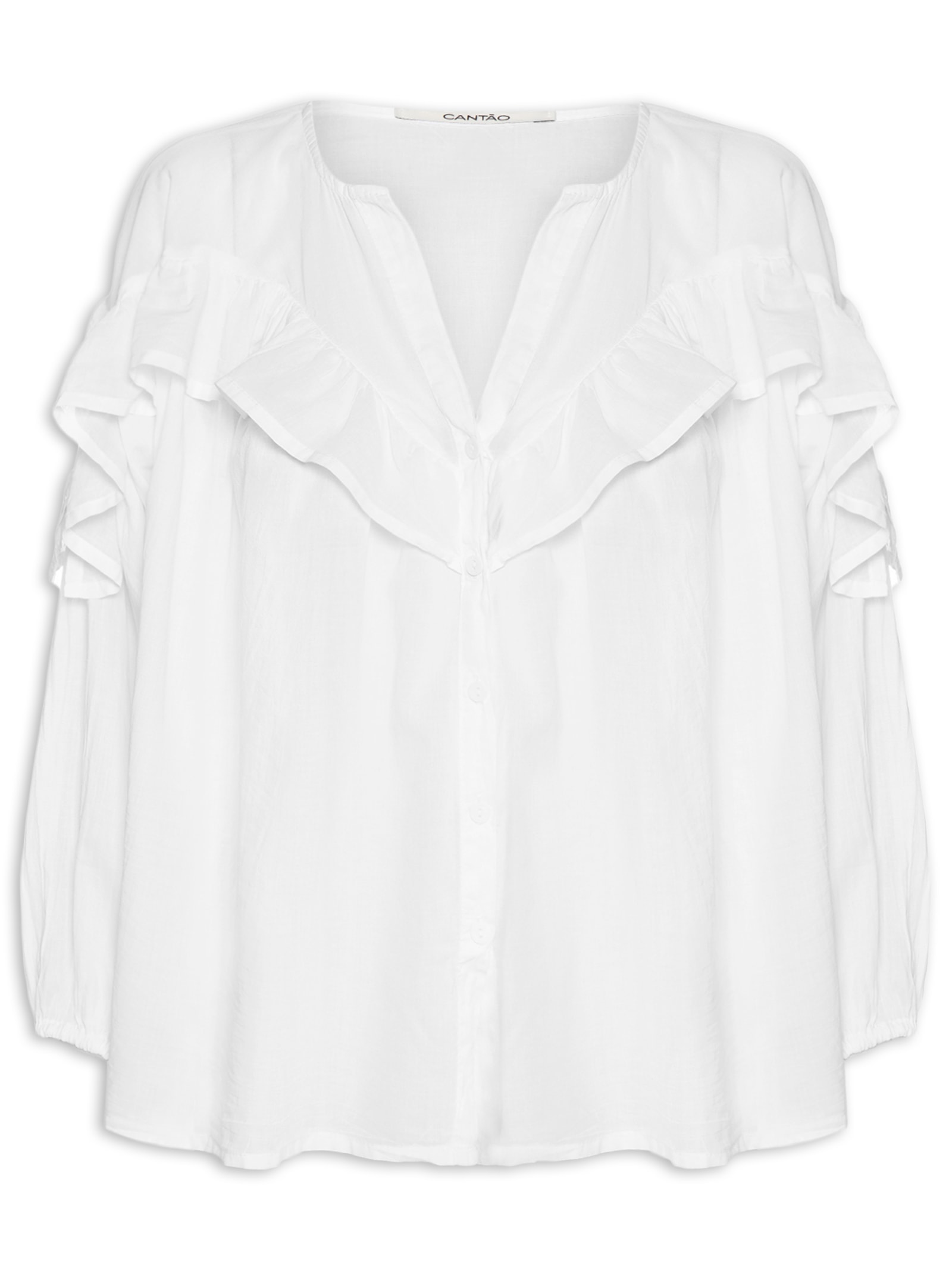 Camisa Feminina Voil Boho Babados Branco Cantão