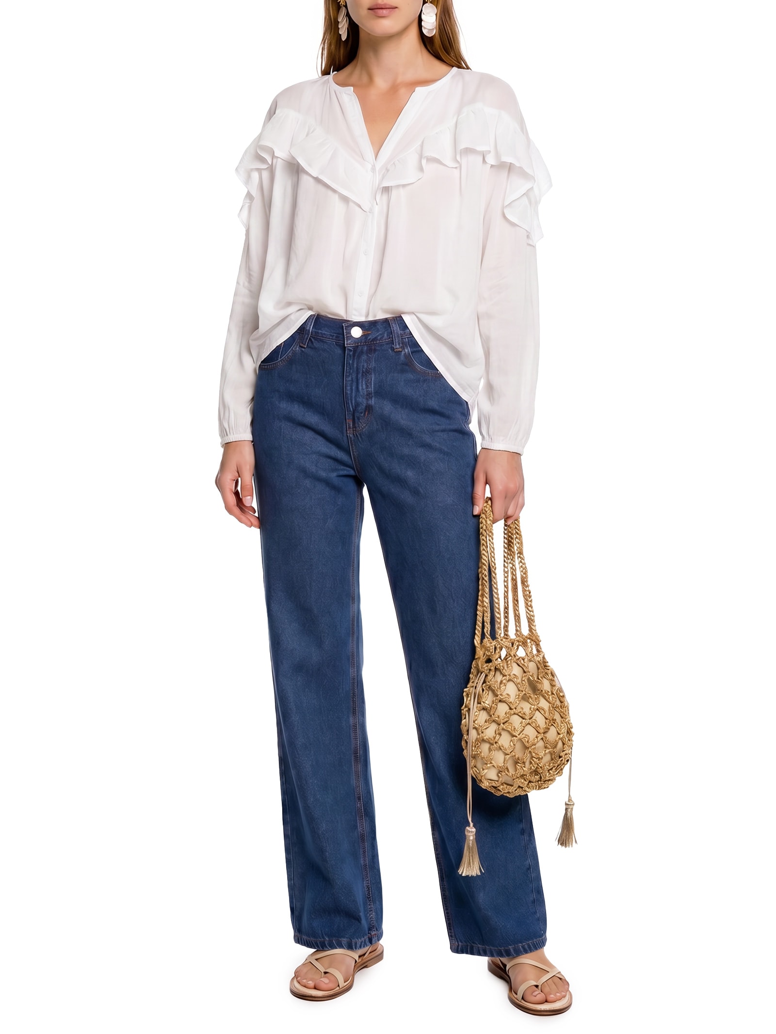 Camisa Feminina Voil Boho Babados Branco Cantão