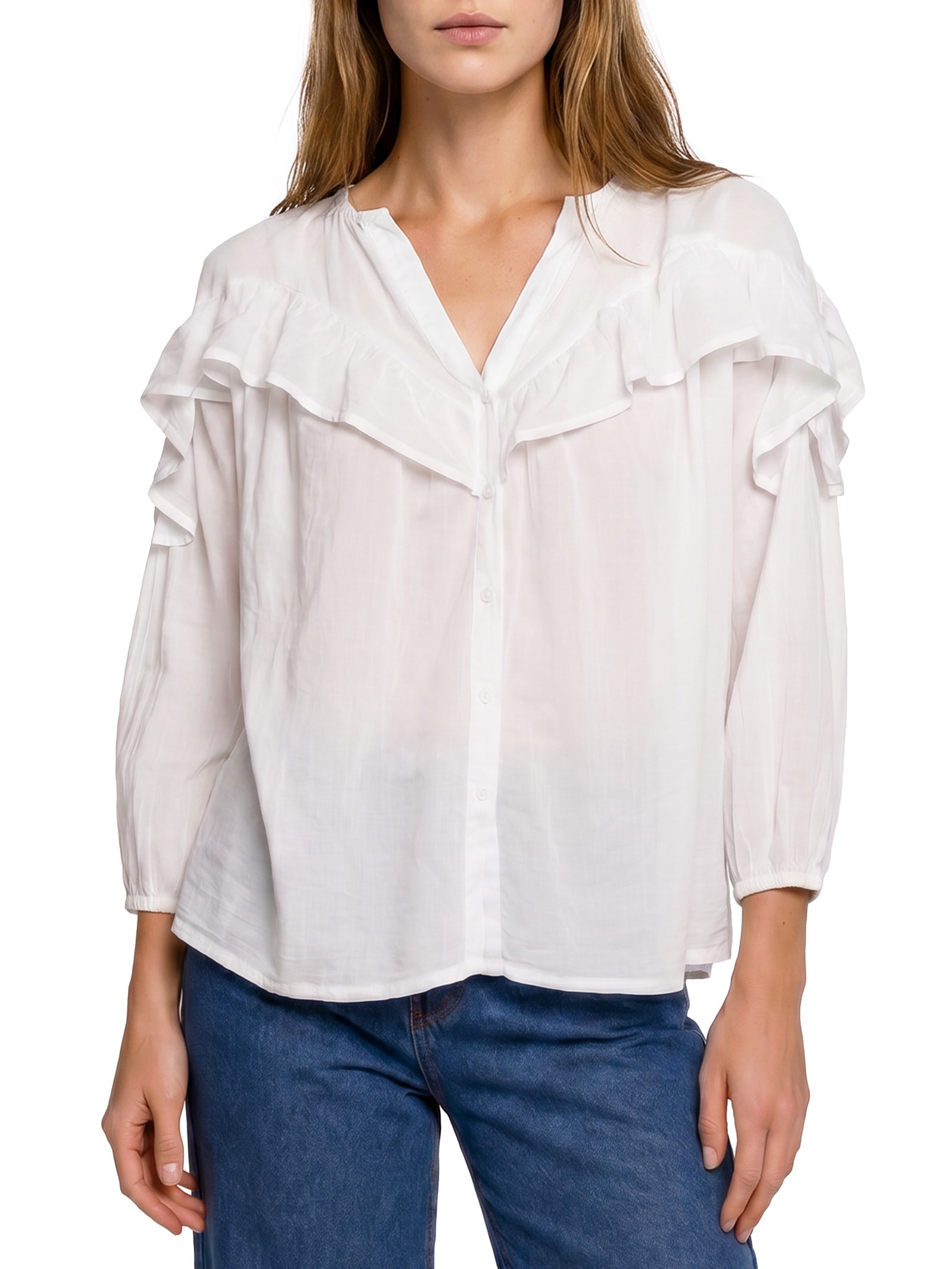 Camisa Feminina Voil Boho Babados Branco Cantão
